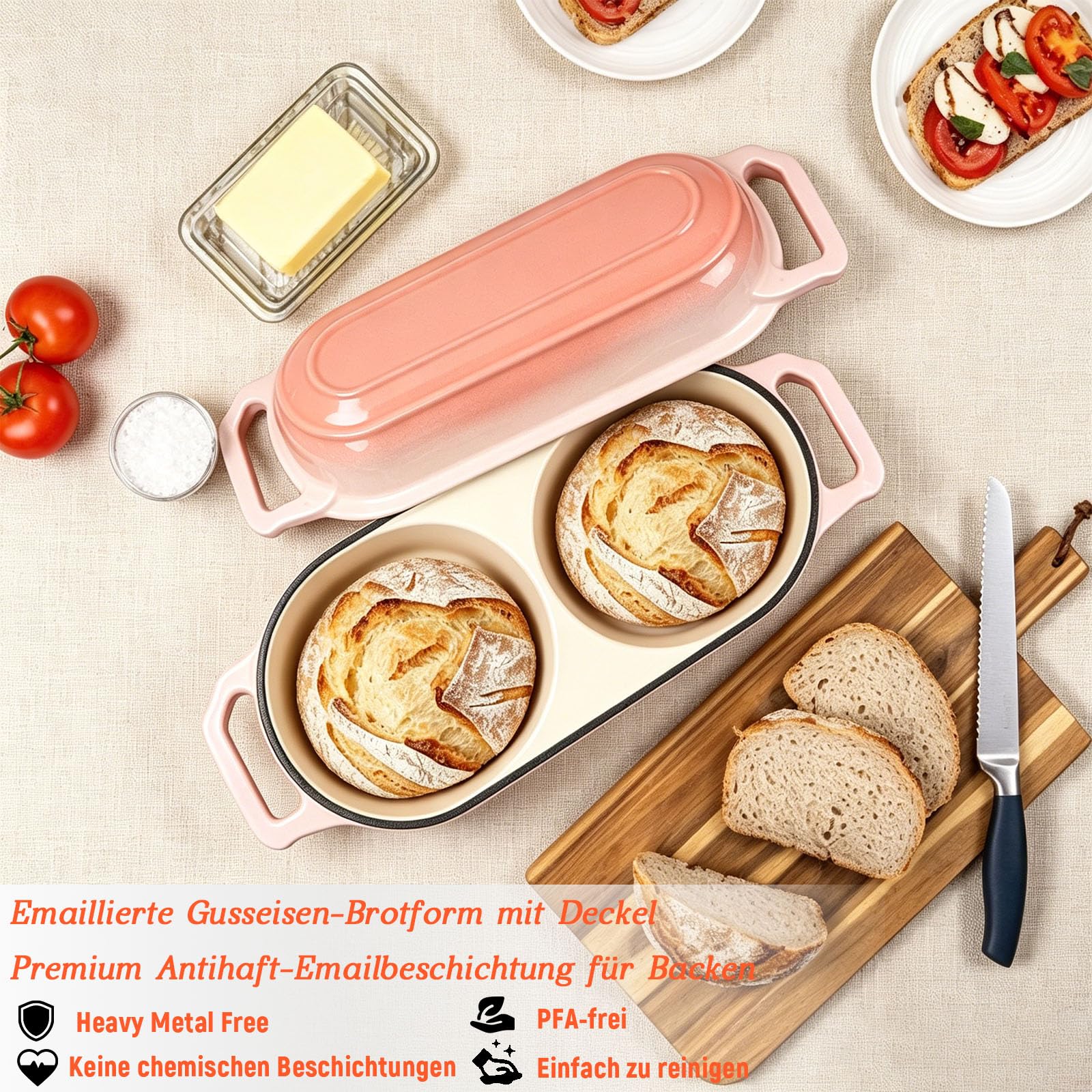 LINMAGCO Emaillierte Brotbackform aus Gusseisen, Brotbackform mit Deckel inkl, zwei runde Backfächer, Dutch Oven mit Deckel, Ofenfeste Handwerker Brotbackform, Gusseisen(Rosa)