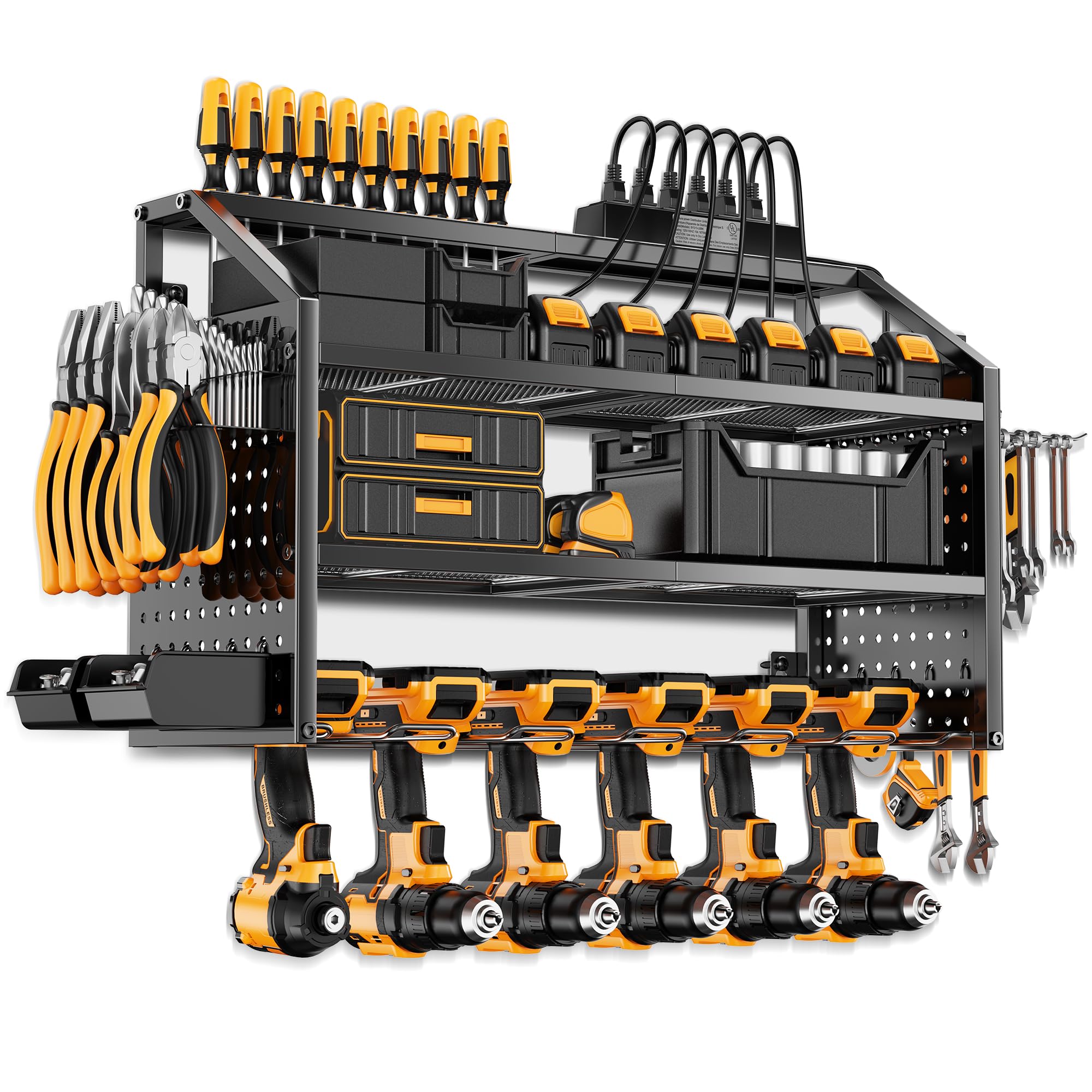 LBT 4 Layer Power Tool Organizer Wall Mount With Charging Station, Patented, 6 Outlet Power Strip, 6 Drill Holder, Heavy Duty Metal Garage Tool Storage Rack, Gifts For Men Fathers Day