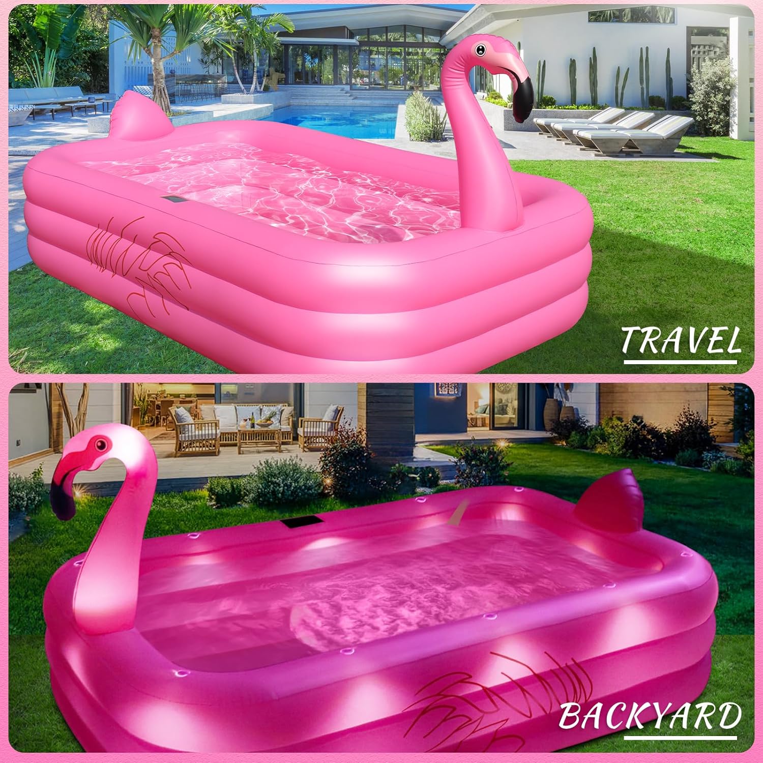 2026 Inflatable Pool with Lights, Solar Flamingo Swimming Pool for Adults Inflatable Blow up Pool, Durable Thickened Pool for Backyard,Outdoor,100"X63"X20"-Red