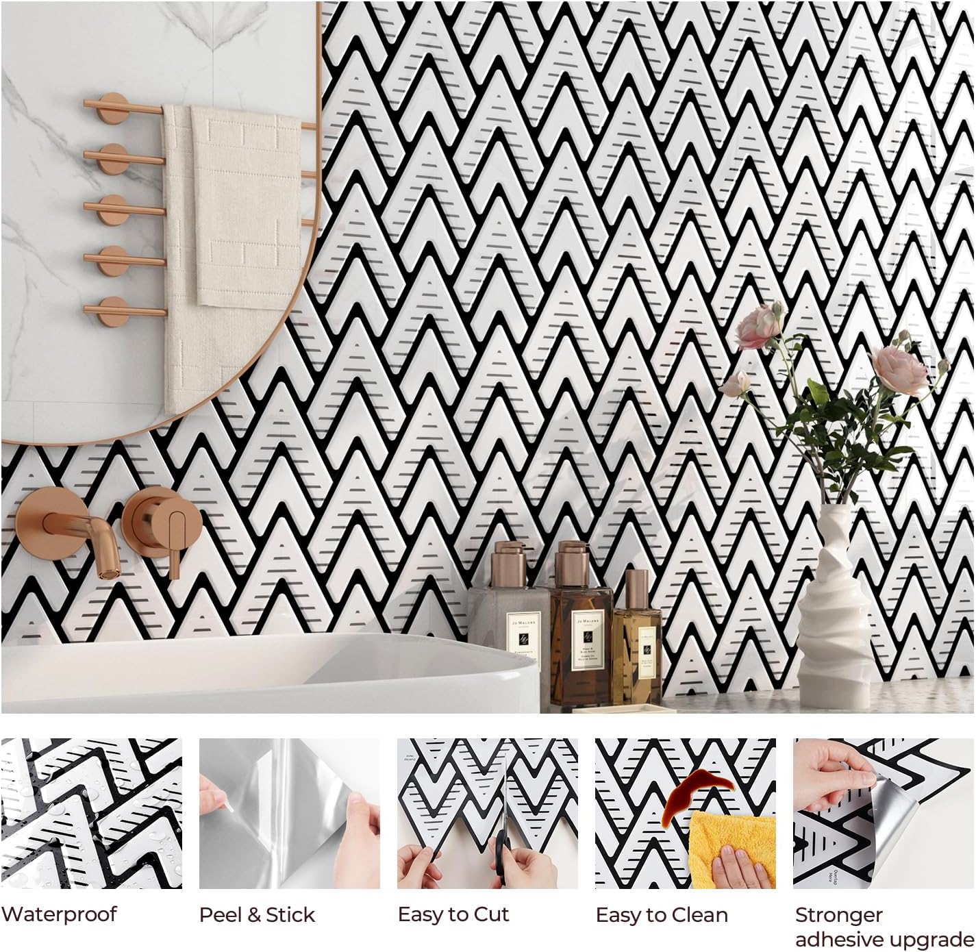 FunStick 15 Sheets Black and White Peel and Stick Backsplash 12"x12" Removable Herringbone Back Splash Tiles for Kitchen Peel and Stick on Tile Backsplash for Kitchen Stove Bathroom Wall Tile Stickers