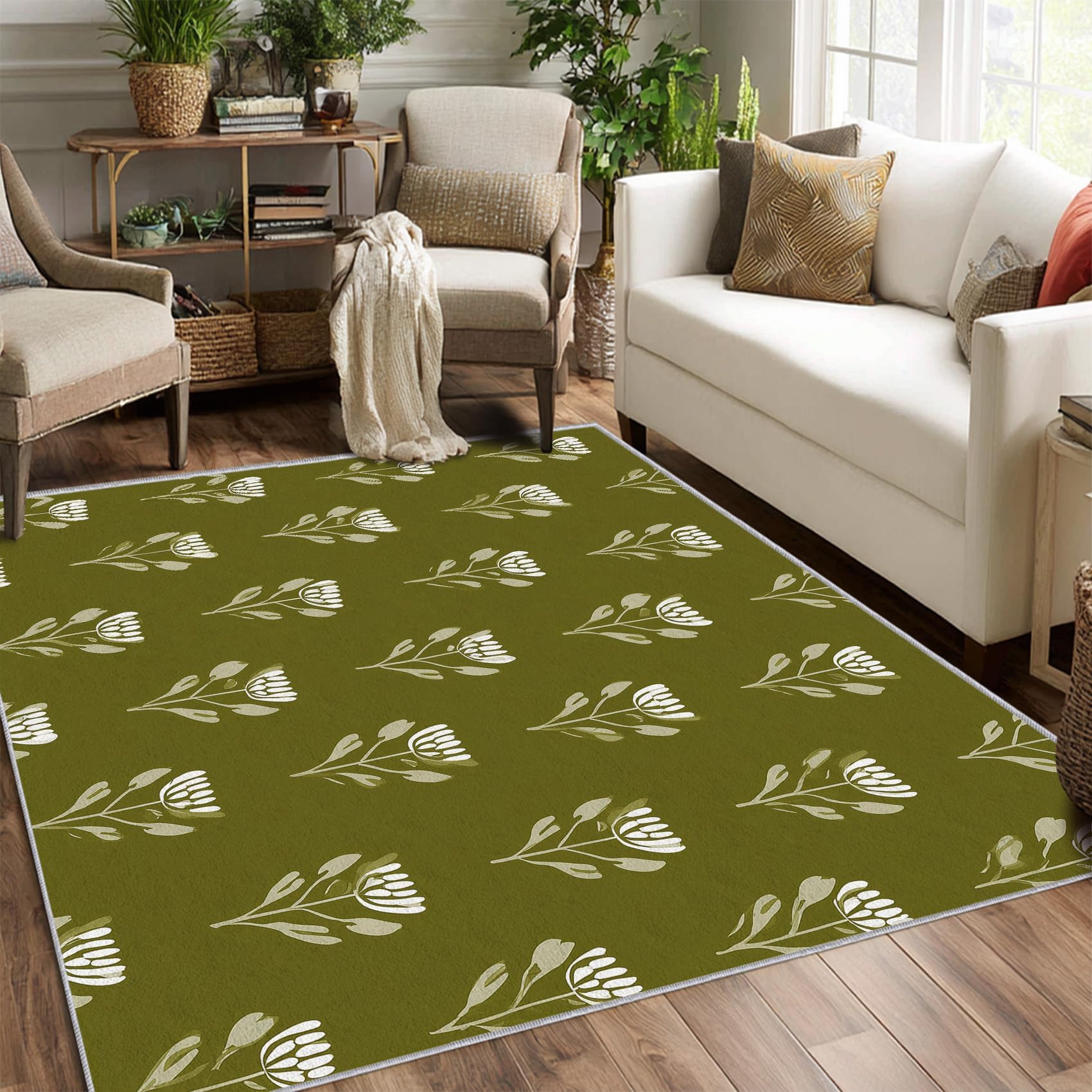 Tapis d'intérieur à Motif Floral Blanc, Lavable, pour Salon ou Chambre, Motif Floral Vert Sauge, Doux et antidérapant, 160x230cm Vert Sauge