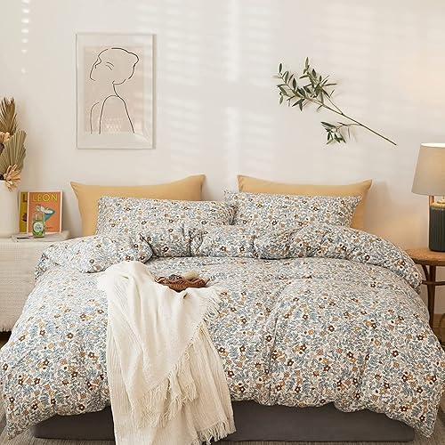 Miniatura 20 de EAVD Juego de ropa de cama de 3 piezas con funda de edredón floral azul, tamaño Full, algodón suave blanco y azul, juego de ropa de cama coqueto