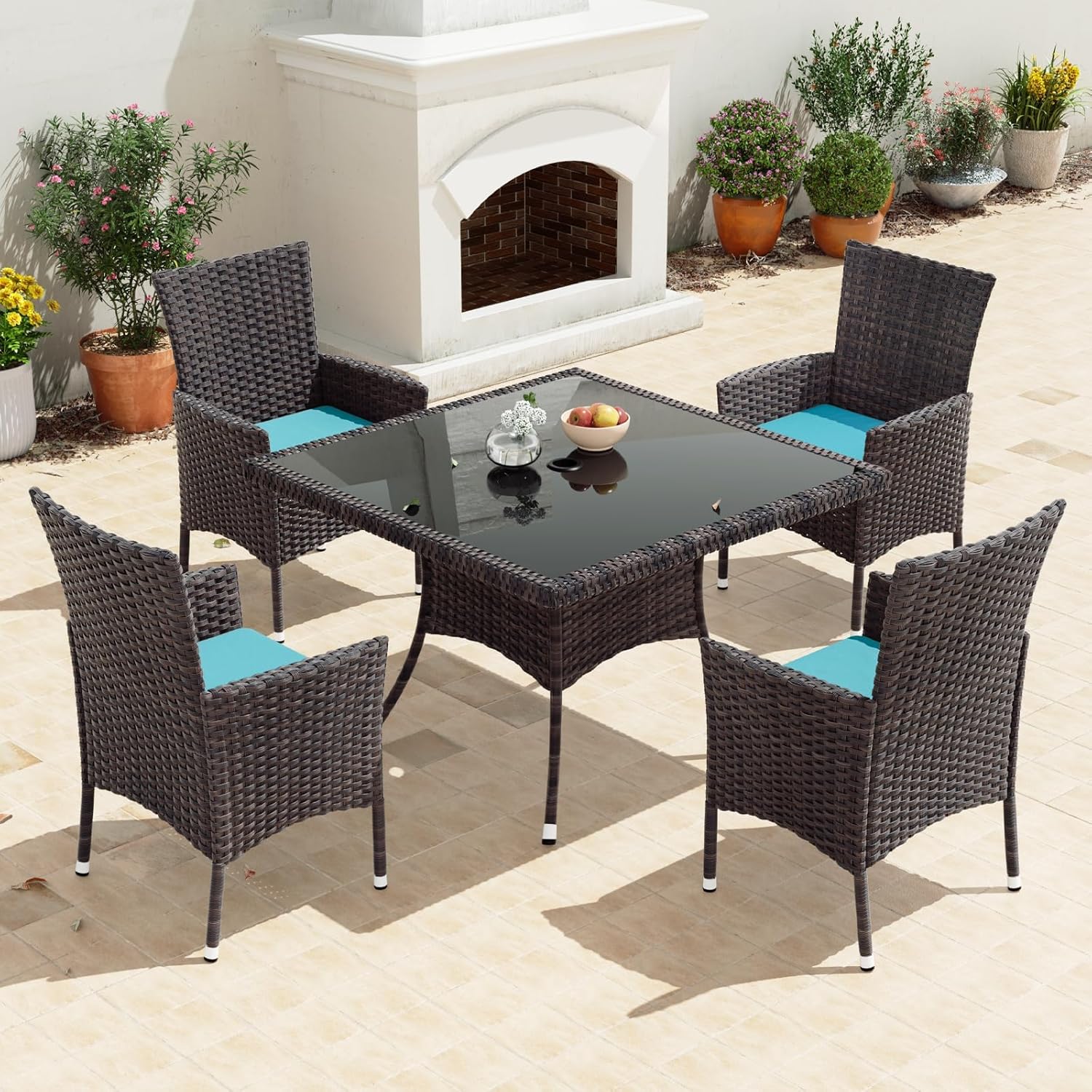 Gotland 5 Piece Outdoor Dining Set, All-Weather Rattan Patio Furniture Set with Umbrella Hole Tempered Glass Square Table, Outdoor Table and Chairs with Removable Cushions for Backyard, Deck, Blue