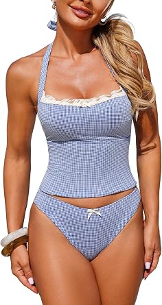 ZAFUL Halter Tummy Control Swimsuits for Women Strapless Tankini 2026 Resort Vacation Bowknot Two piece Set for Teens