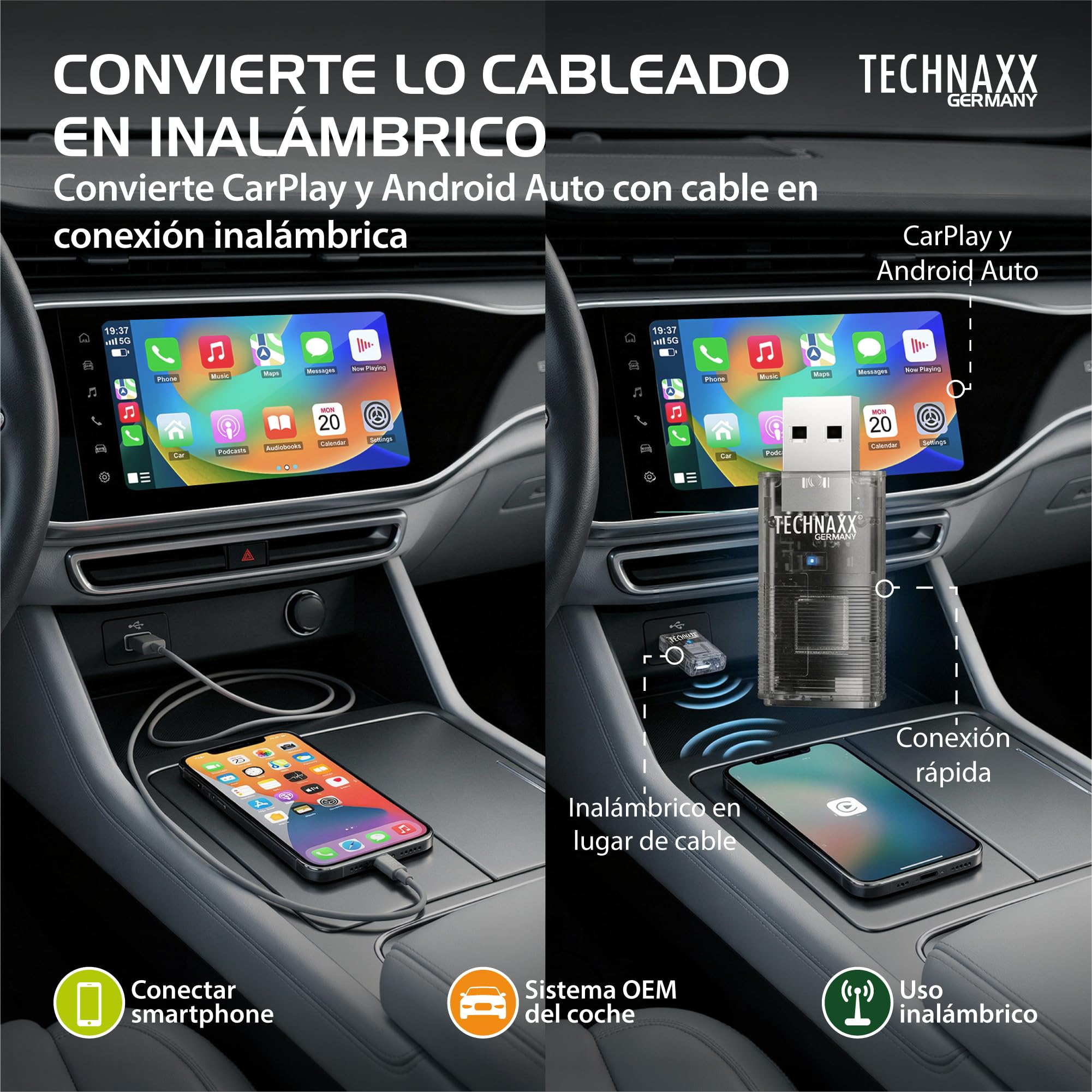 Technaxx Adaptador CarPlay Inalámbrico & Android Auto Inalámbrico – Conversión de Cableado a Inalámbrico, WiFi 2,4/5GHz & Bluetooth 4.2, Plug & Play con Adaptador USB-C y 90° – TX-346
