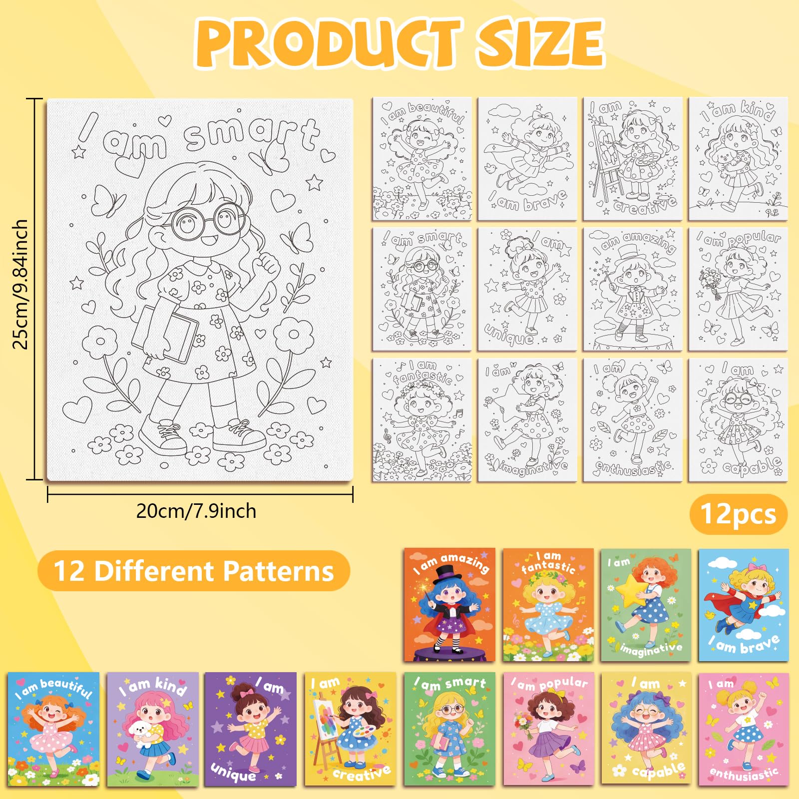 MAYJOYDIY 12 tele pre-disegnate per dipingere ragazze dei cartoni animati su tela prestampata per adulti 24 x 20 cm belle parole coraggiose forniture artistiche fai da te per principianti