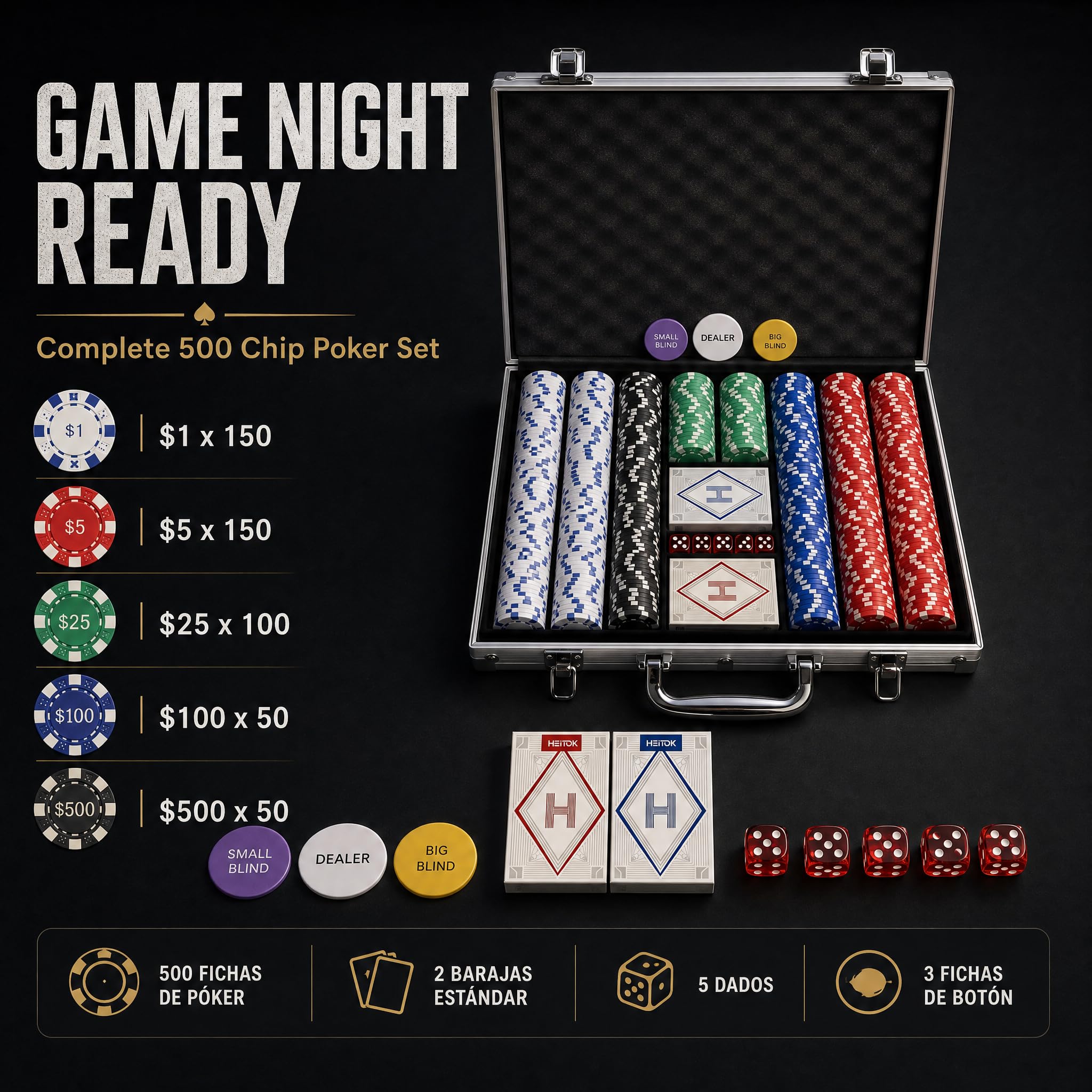 HEITOK Juego de Fichas de Póker 500 Fichas Numeradas – 11,5g con Denominaciones y Estuche Robusto para Adultos