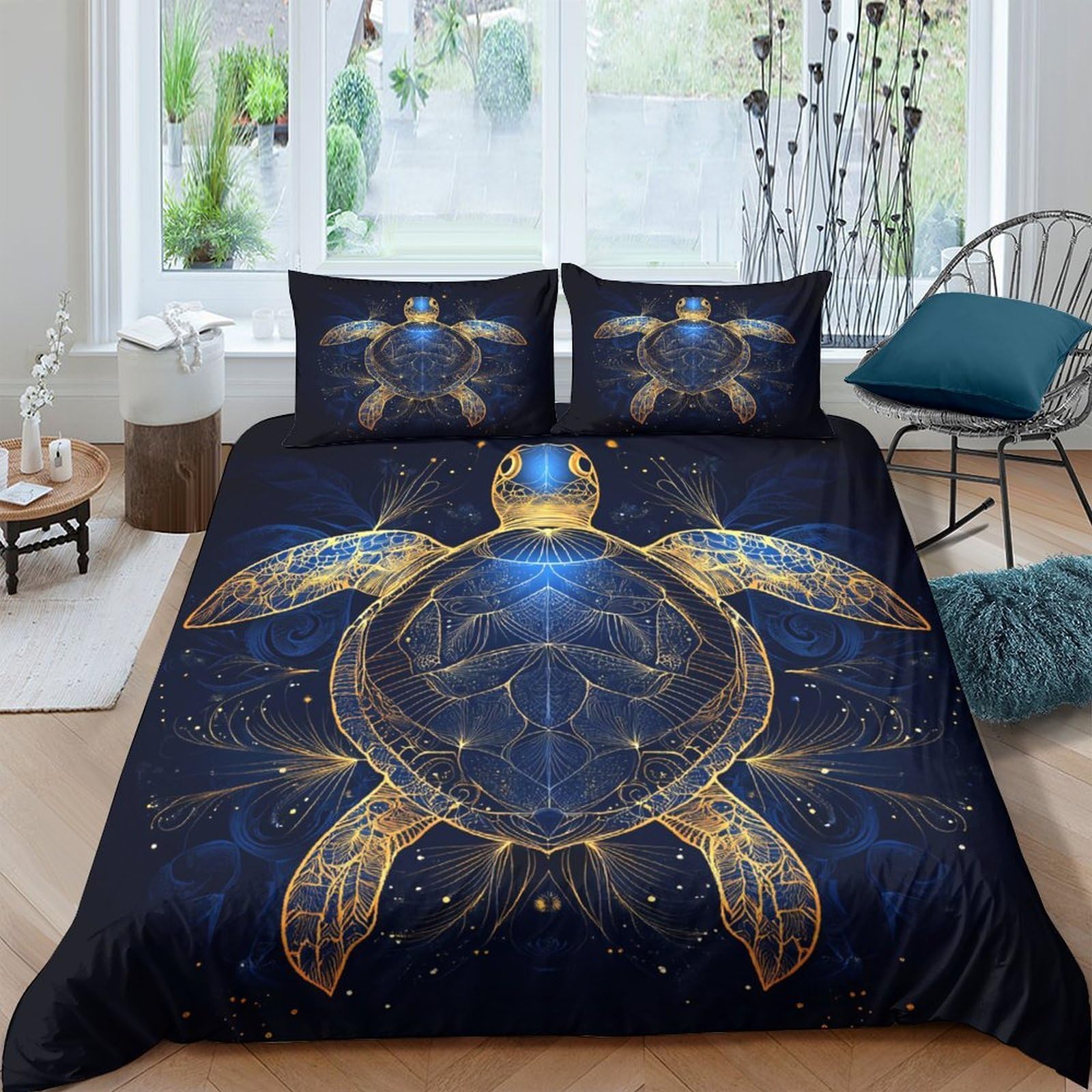 Ctjqhvkz Style-1 3D Printed Golden Turtle Fitted Sheet Microfiber Navy Blue Abstract Sea Mattress Cover For Bedroom Dorm Bed Protection Decor Single（135X200cm）
