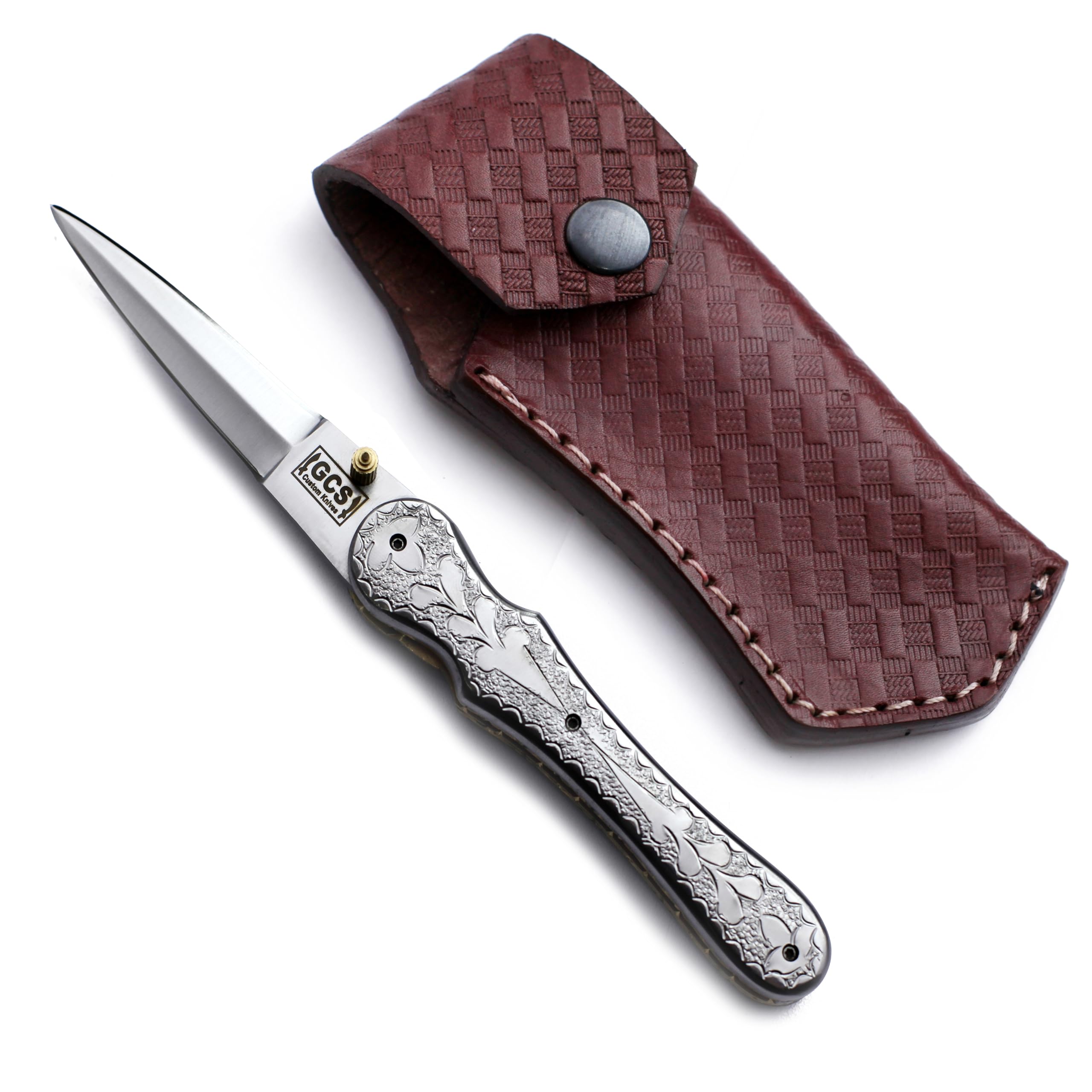 GCS Handmade D2 Steel Tactical Hunting Folding Knife with Leather Sheath for Hunting and Camping & EDC GCS-919F