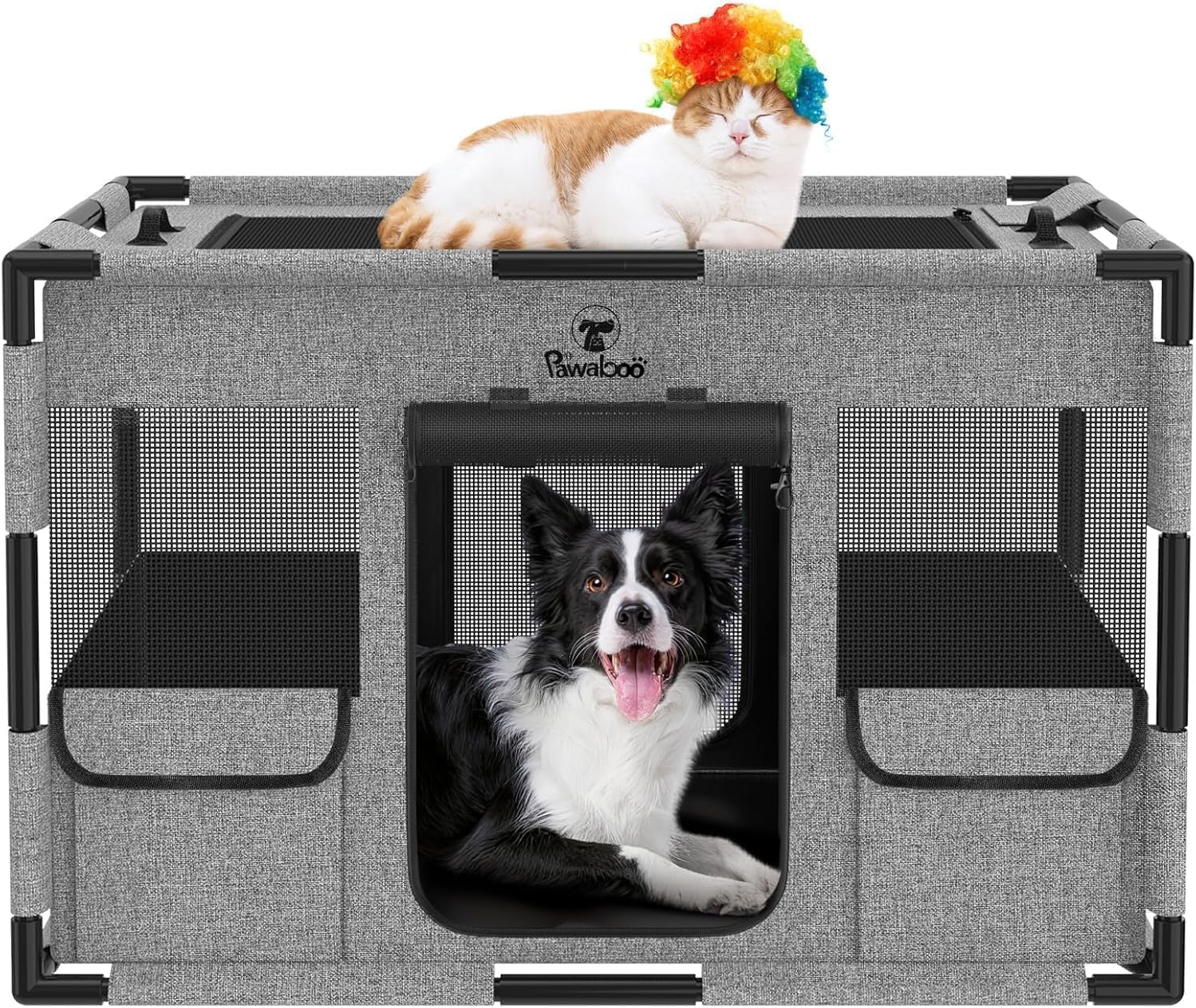 Pawaboo Box per Cani Cassa per Animali Domestici Extra Large, Cuccia per Cani in Rete, PVC Ispessito Telaio del Tubo Tenda, Recinto per Animali Domestici Traspirante, Medio, Nero & Grigio
