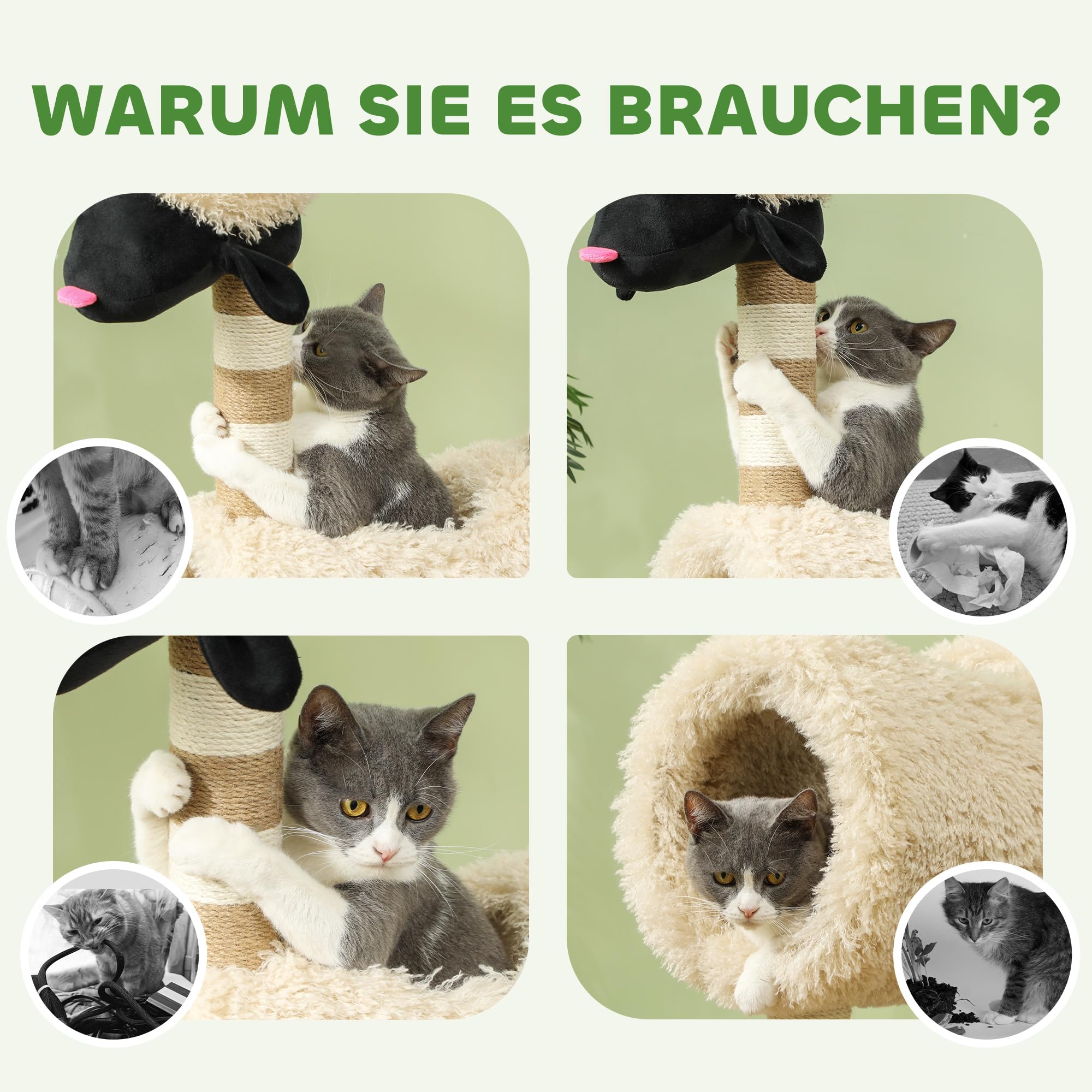 PawHut Kratzbaum Schaf-Design für Katzen bis 5 kg Tunnel 98 cm Hellbraun | Katzenturm, Kratzpfosten, Spielball, Mehrstöckiger Katzenkratzbaum, Kletterbaum