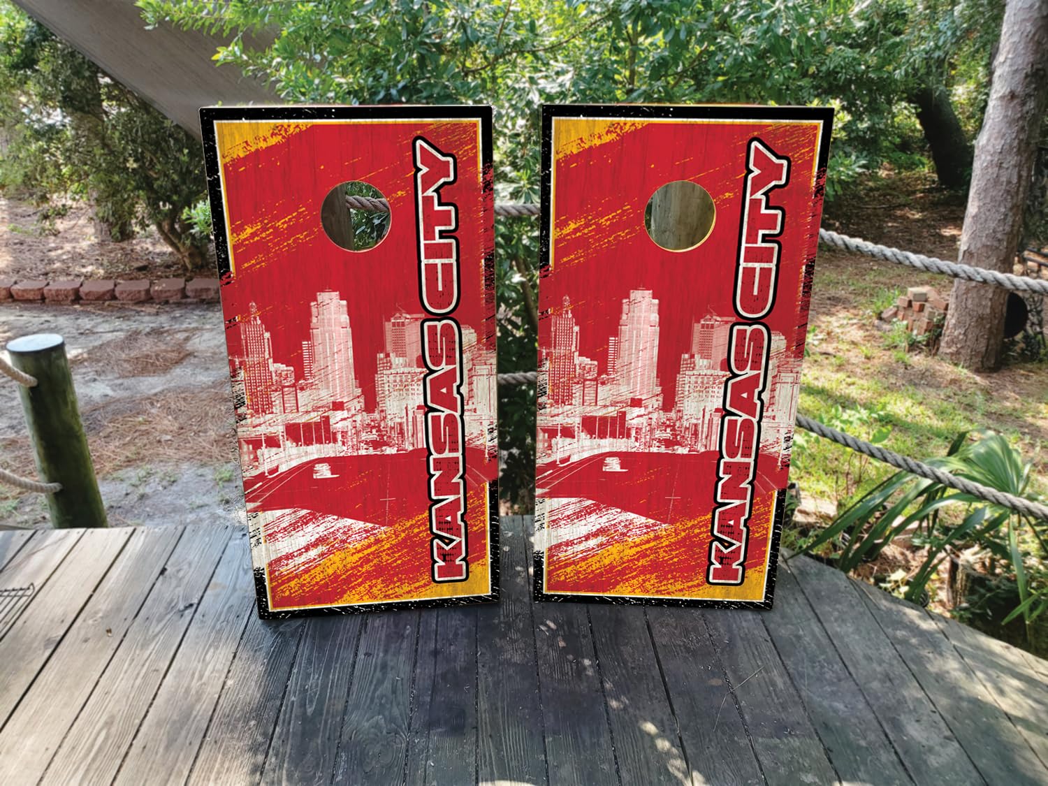 Pair of Waterproof Cornhole Board Wraps- Decals ONLY- Kansas City Sports Colors (Skyline/Cityscape) - Laminated - Easy to Apply
