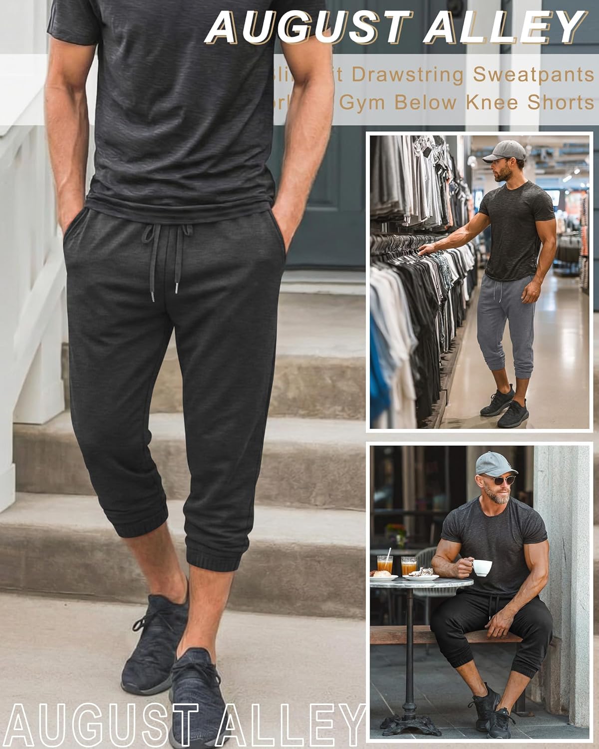 August Alley 4 Pack Men's 3/4 Joggers Capri Pants Athletic Capri Sweatpants Workout Drawstring Below Knee Pants with Pockets