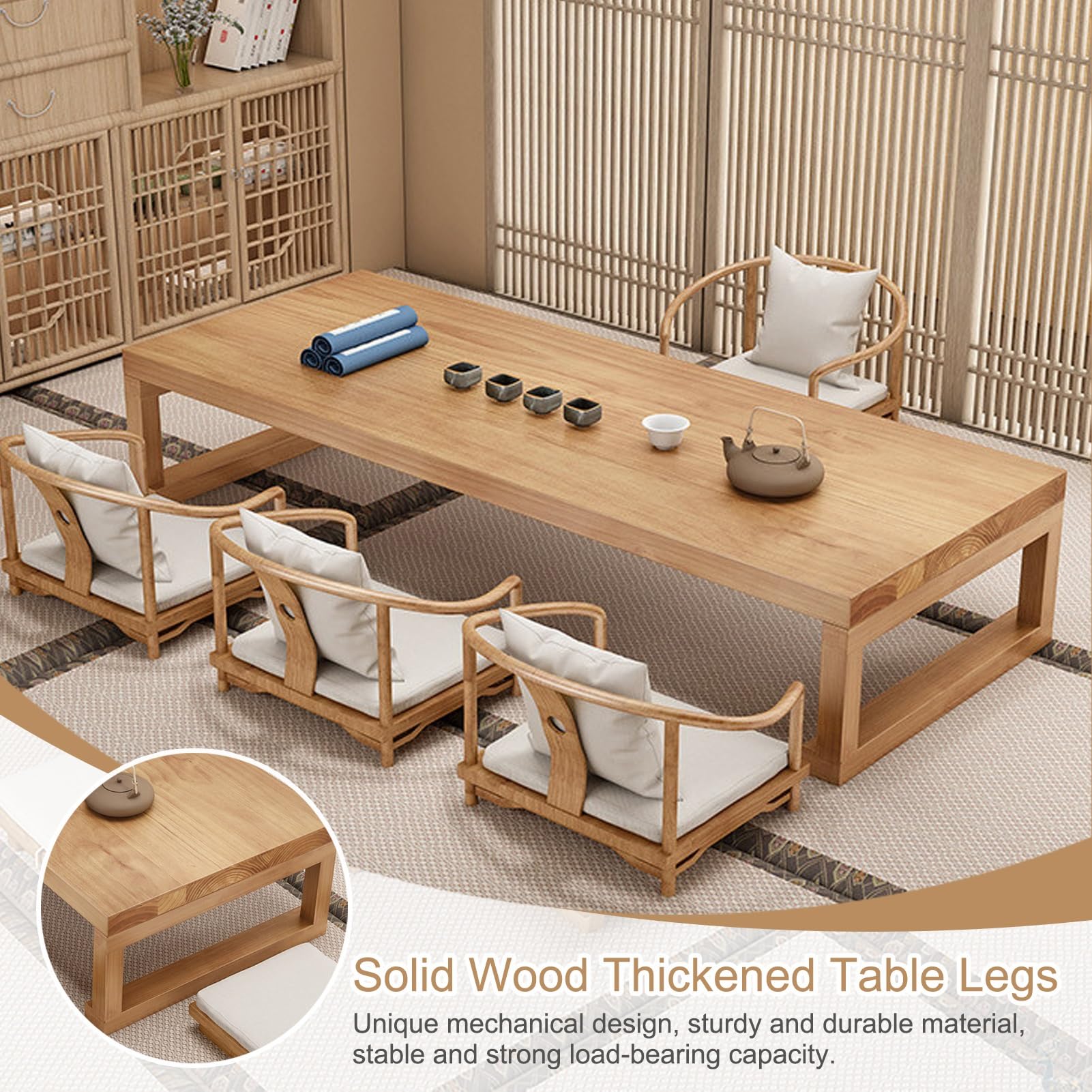 Tavolino Tatami Vintage in Legno Solido - Tavolino da pavimento giapponese, basso in legno massello per appartamento, soggiorno, sala da pranzo, tè, Tatami (120 * 60 * 35 cm/47,5 * 24 * 14 pollici)