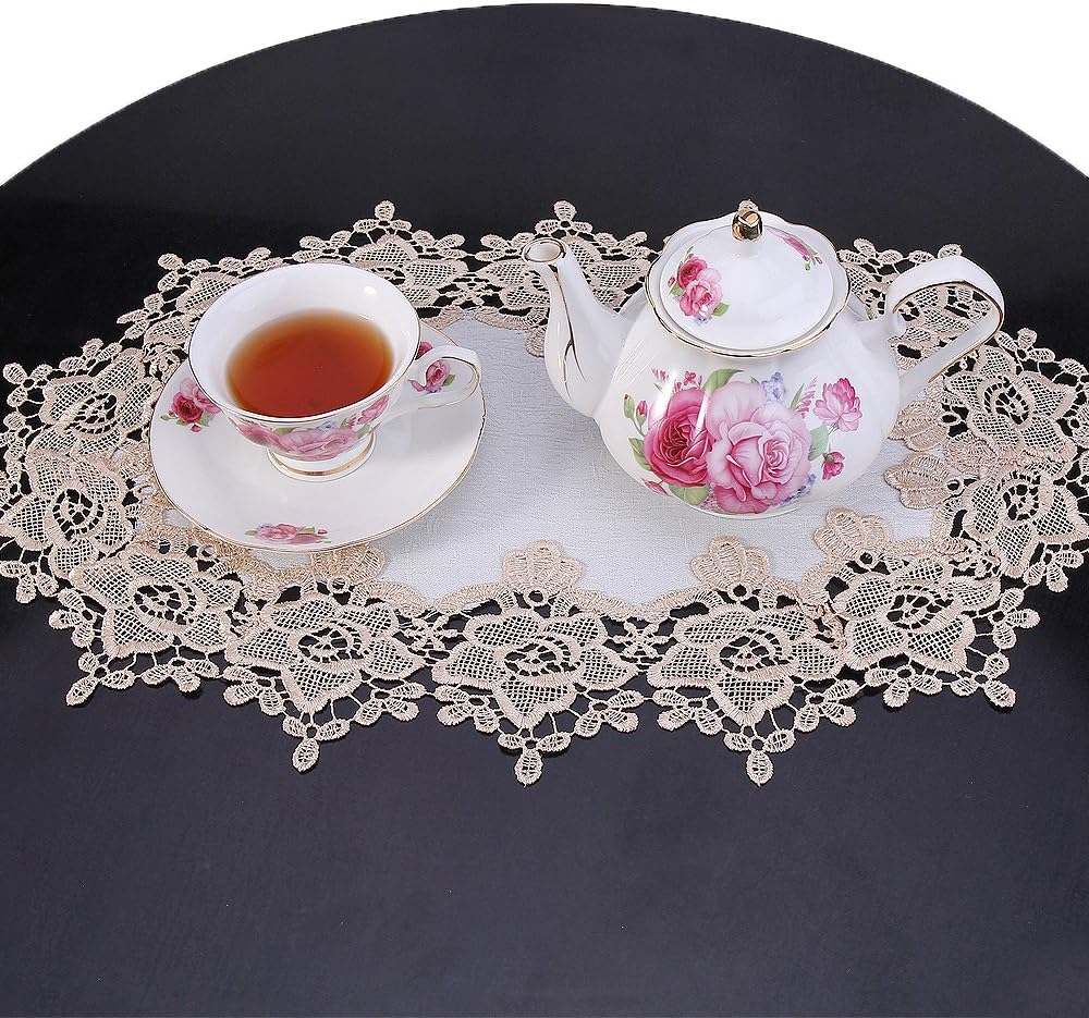 Gold ROSE European Lace Doilies Set of 2 White Flower Scarf Place Mat 17 By 13 Inch