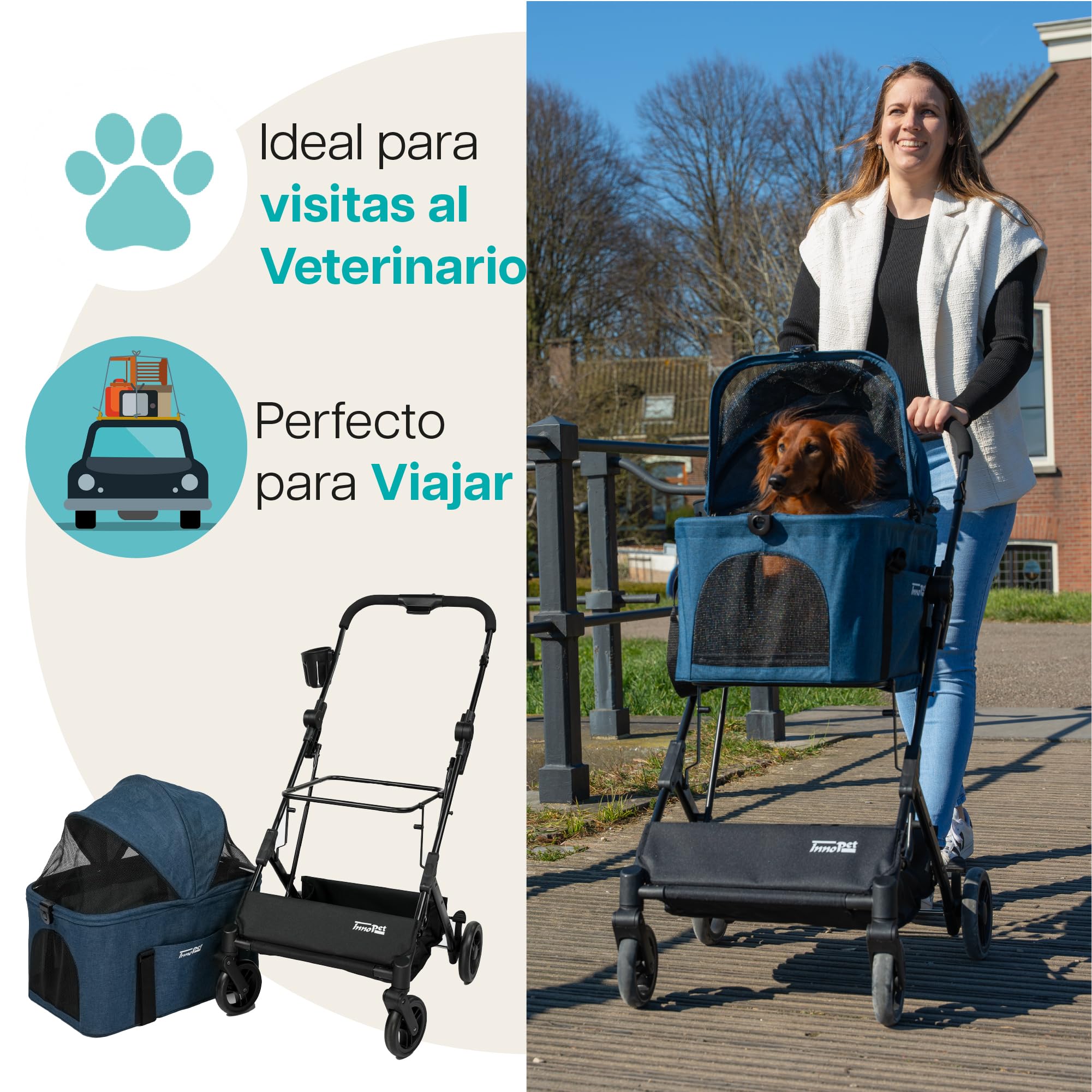 Innopet 2 en 1 carrito compacto - Cochecito plegable con transportín desmontable y asiento de coche, para perros y gatos hasta 20kg, con cesta y portavasos
