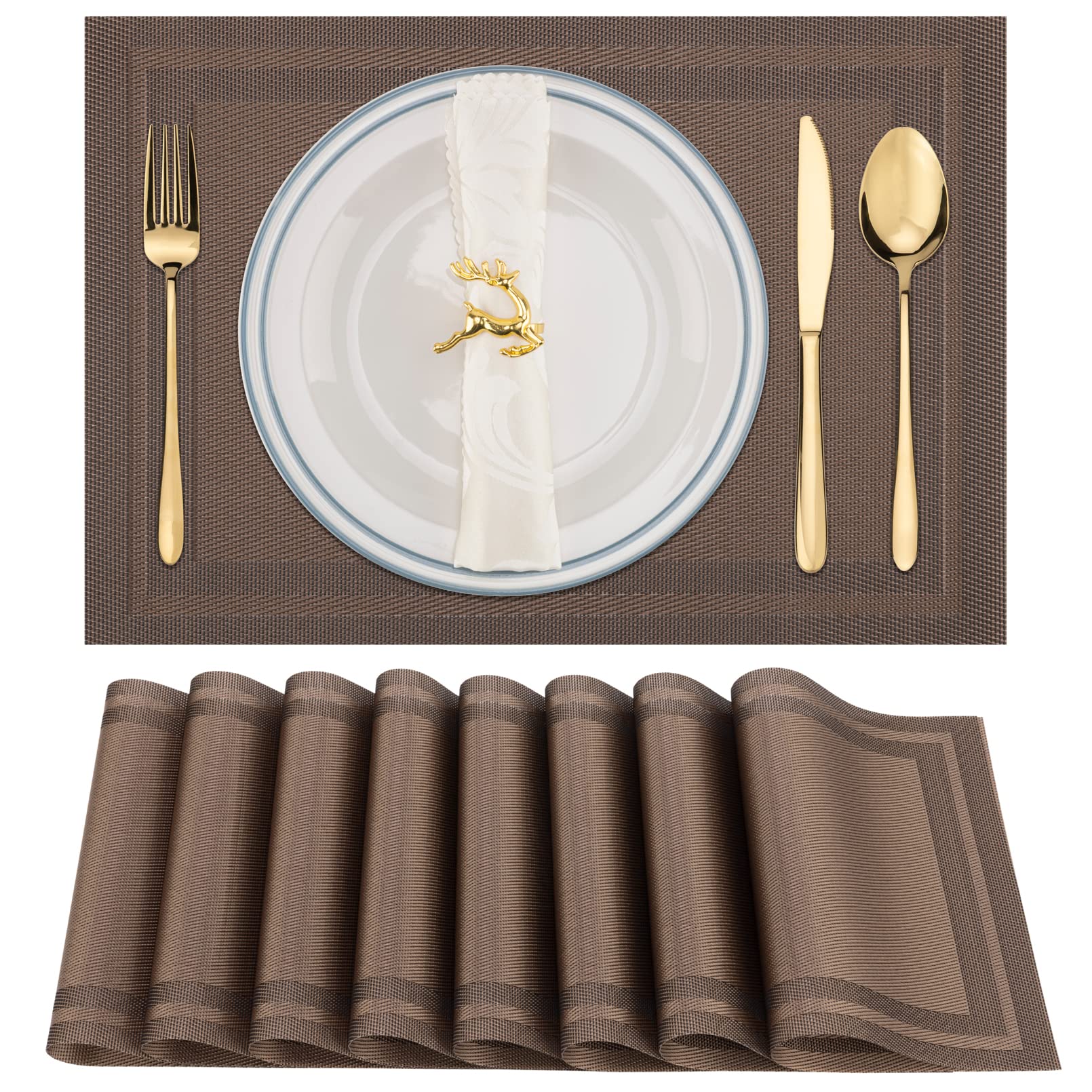 Winknowl Placemats Set of 8，Heat Resistant Woven Vinyl Washable PVC Place Mats，Non-Slip Stain Resistant Indoor/Outdoor Table Mats for Dining Table (