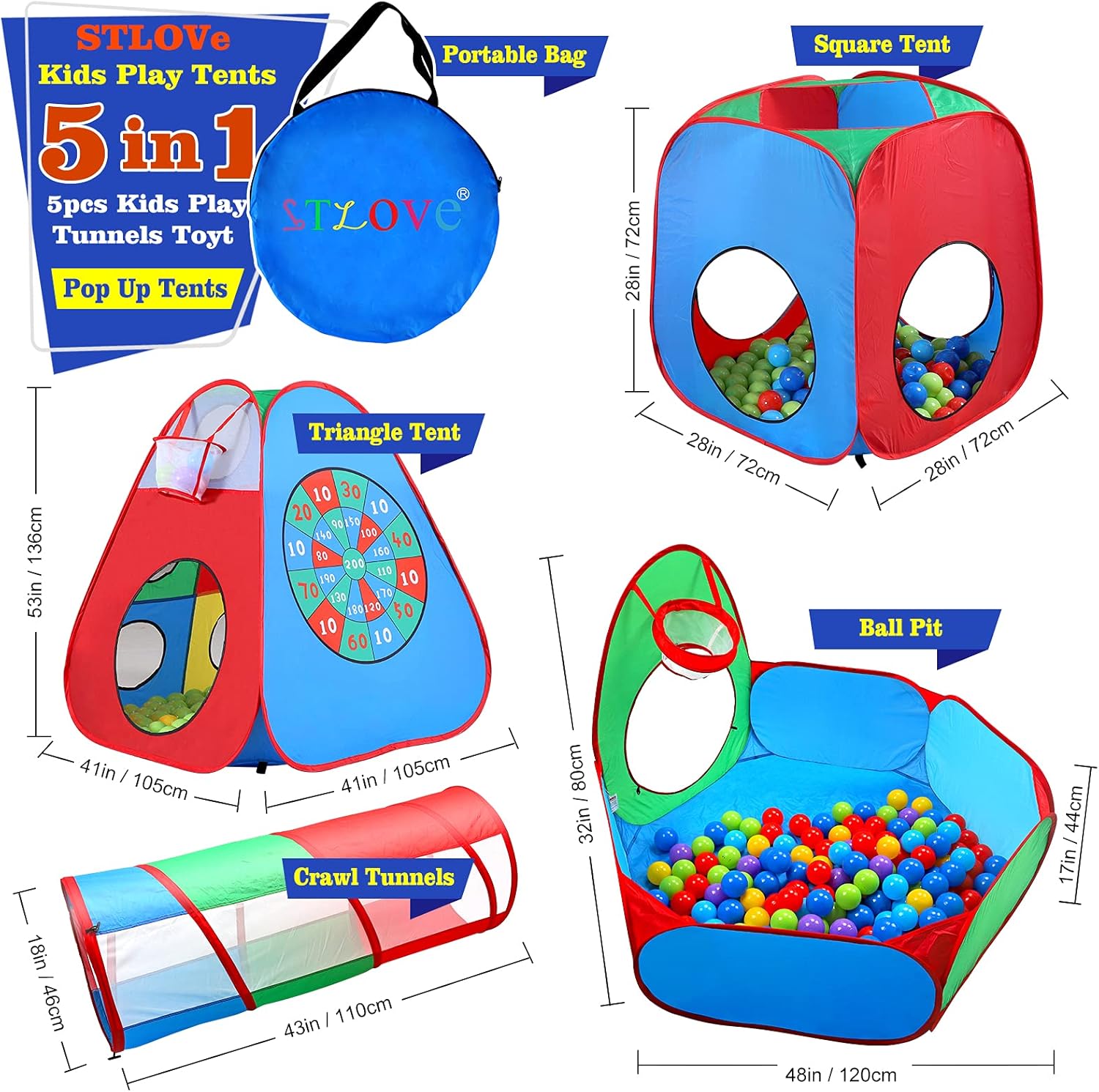 Bеѕt Sеllеr 5 in 1 Set Play Tent for Kids STLOVe Kid Toys Tents for Boys Girls Pop Up Play Tents Customized Kids Ball Pit Tent with Tunnel for Toddlers Tents Playhouse Pop Up Tent,Indoor Outdoor for Kids Gift