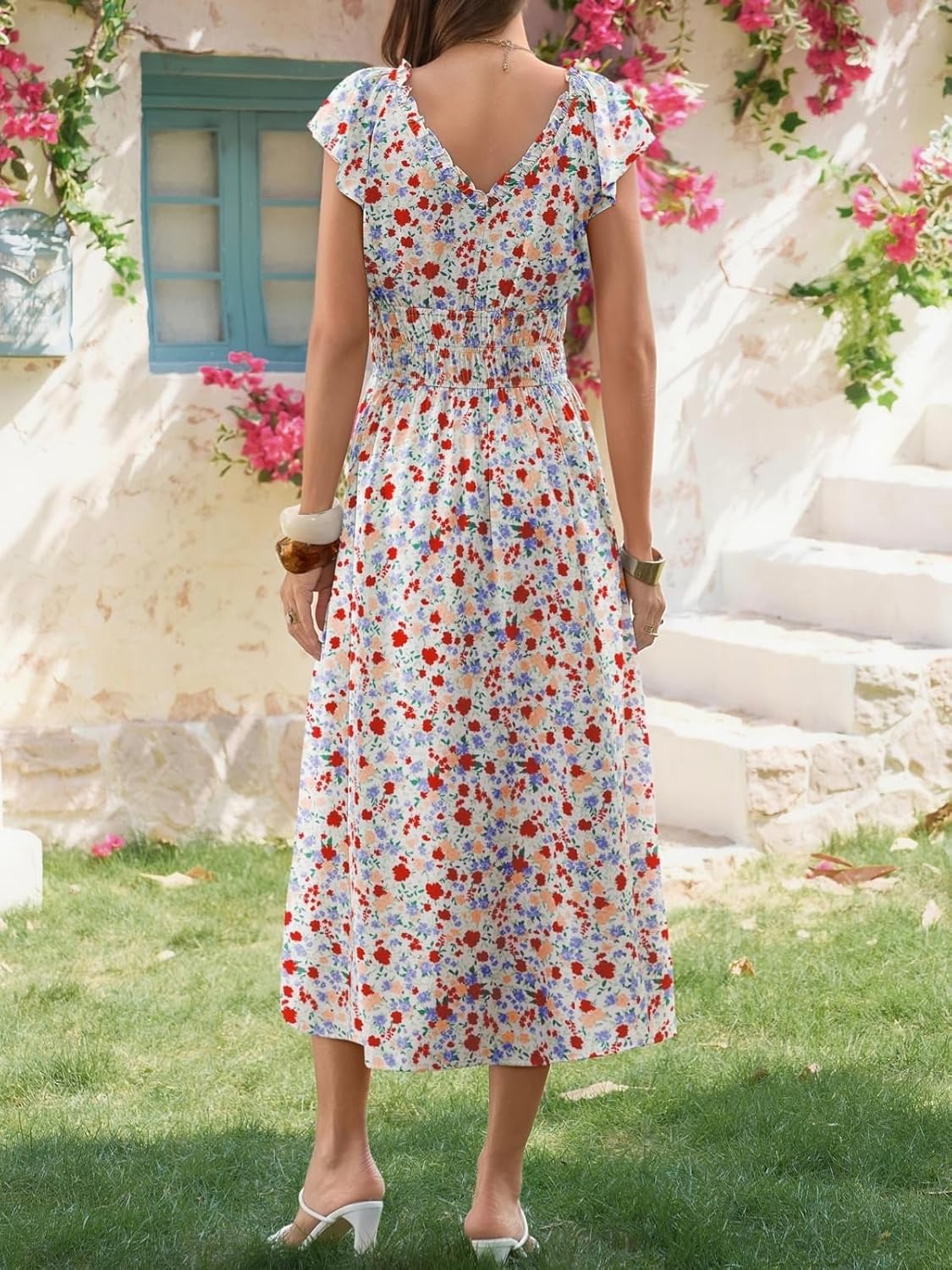 Yousify Women's Summer Dresses Casual Floral Boho Short Sleeve V Neck Slit Ruffle Beach Midi Dress Vacation Sundresses