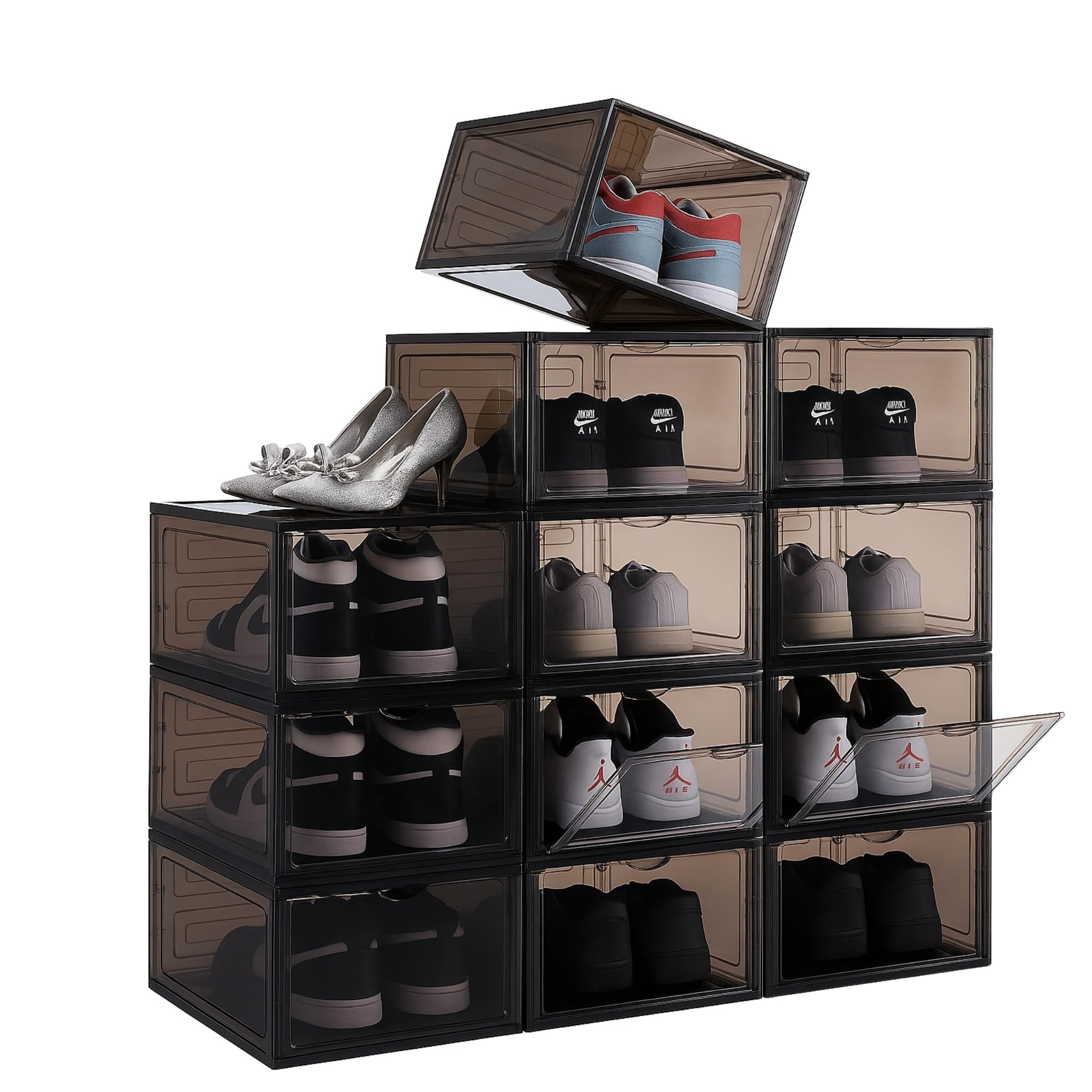 Greenfields 12 Pack Transparent Shoe Boxes - Clear or Black Durable Shoe Box Organiser - Space Saving Design with Magnetic Door - Durable and Sturdy Bins Front Stackable Drawers (Black)