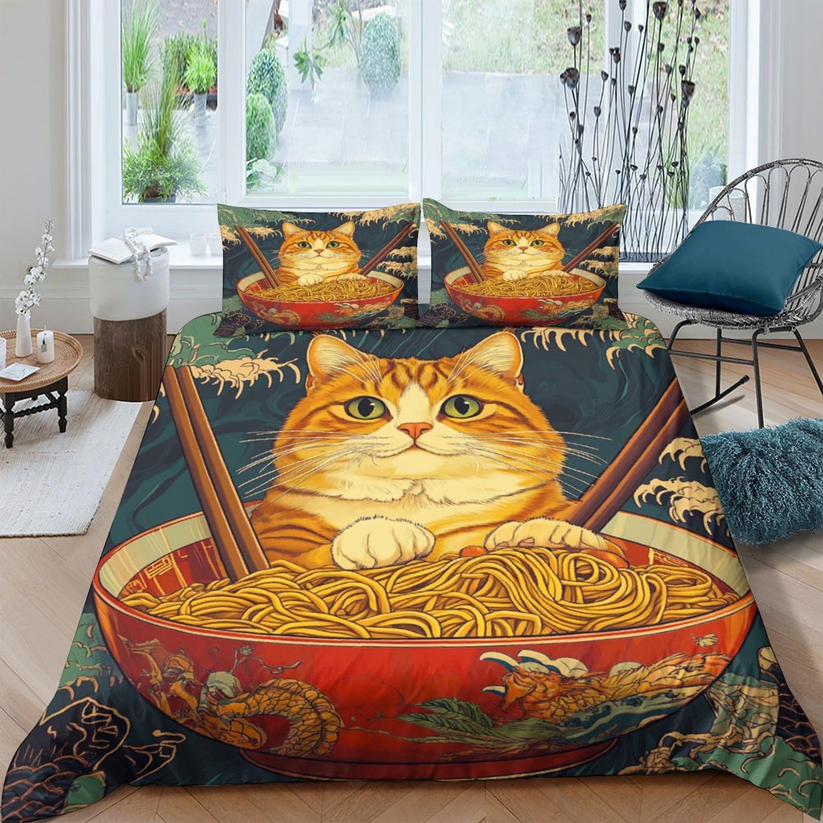 3D Drucken Bettwäsche Set Ginger Katze Ramen-Nudeln 3 Teilig Bettbezug Luxus Modern Mit Reißverschluss Für Geschenke Zimmer Deko Für Erwachsene Und Kinder King（220x240cm）