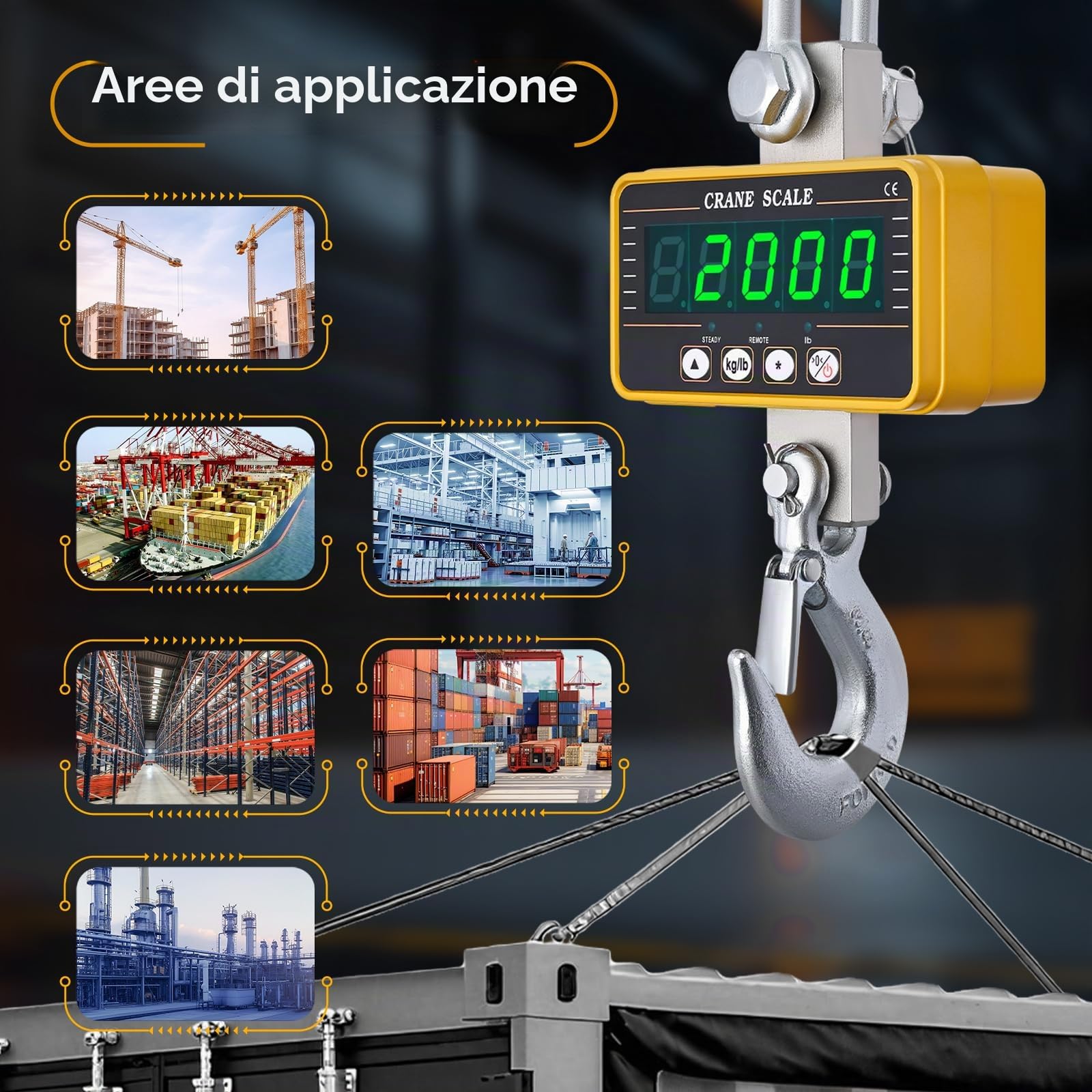 Bilancia a gancio, bilancia digitale per gru super trasparente, con telecomando, bilancia a gancio ad alta precisione, bilancia a gancio elettronica industriale per impieghi gravosi (2000 kg)