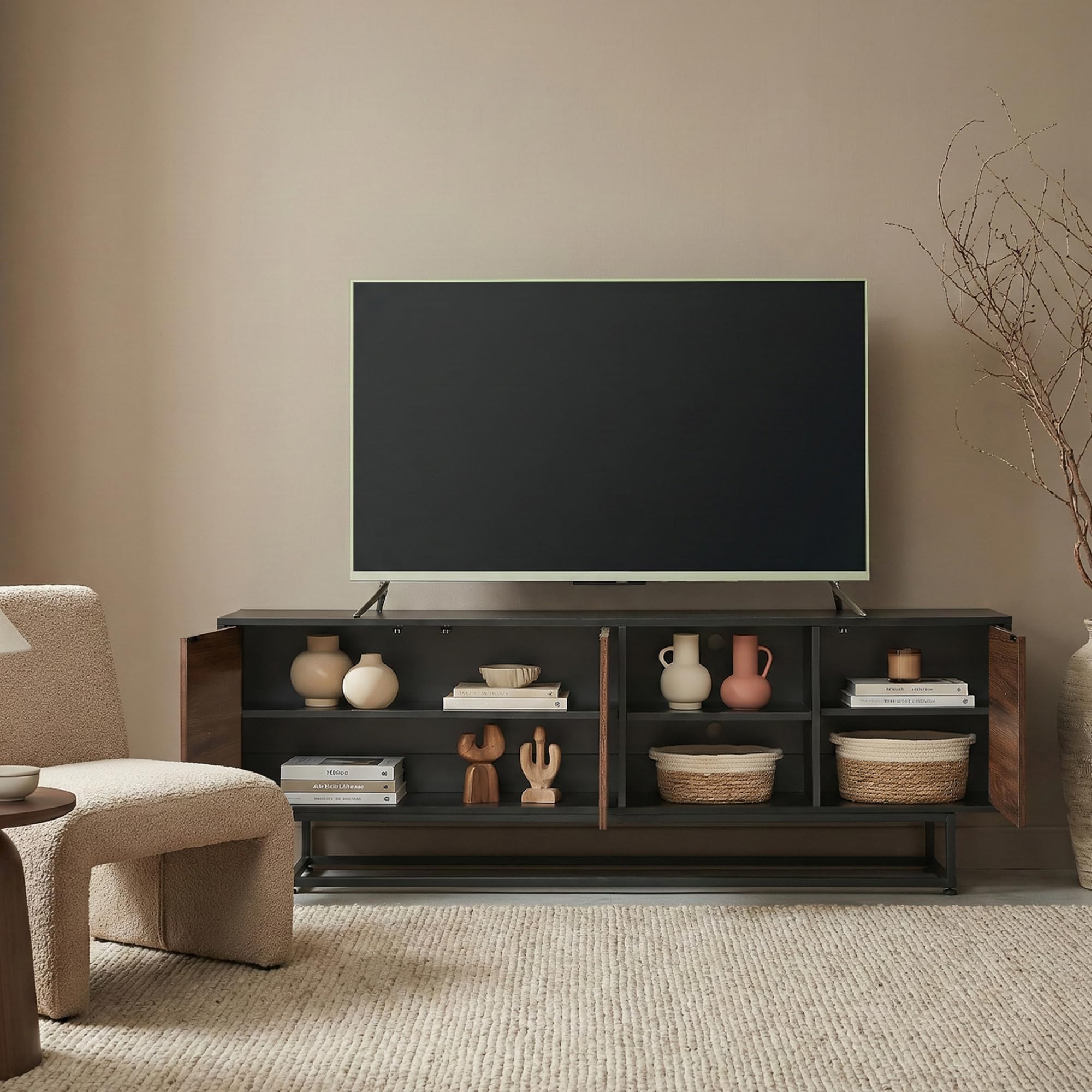 [en.casa] Aparador Boxholm para Salón Aparador Multiusos con 3 Compartimentos con Puertas y 2 Compartimentos Abiertos Mueble Auxiliar para Oficina Mueble de TV 160 x 30 x 57 cm - Negro/Efecto Nogal