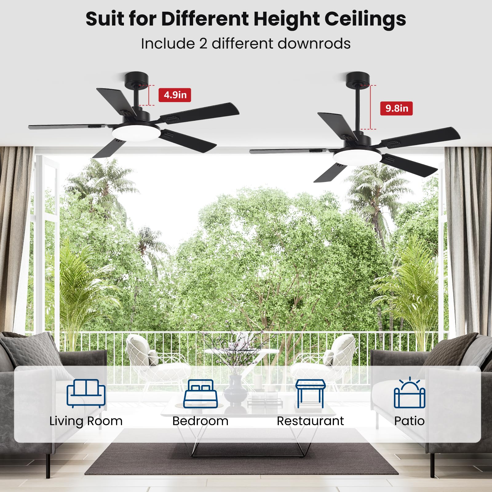 52 Inch Ceiling Fans with Lights and Remote for Bedroom Living Room Kitchen Office Indoor Outdoor Use 5CCT — view 3