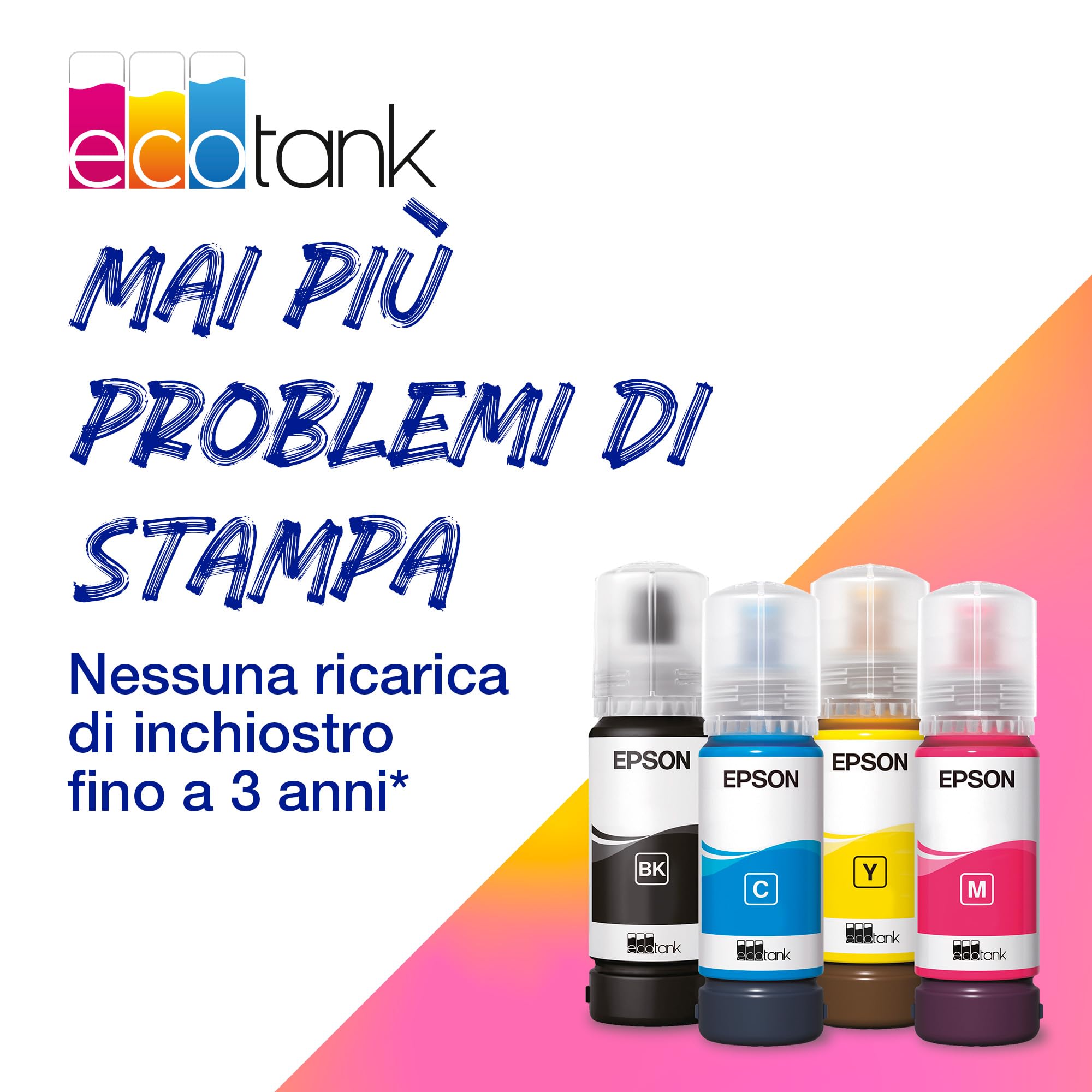 Epson EcoTank ET-1810 Stampante A4 con Serbatoi Ricaricabili Alta Capacità, 4 Flaconi Inclusi fino a 3600pag B/N 6500pag Colore, Wi-Fi, Wi-Fi Direct, ottieni 20€ di cashback