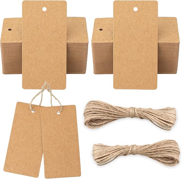 jijAcraft 100 PCS Kraft Paper Tags with String, 2x4 inch Brown Paper Gift Tags, Blank Gift Bags Tags Price Tags for Arts and Crafts, Wedding Gift Bags, Label Clothes, DIY Crafts