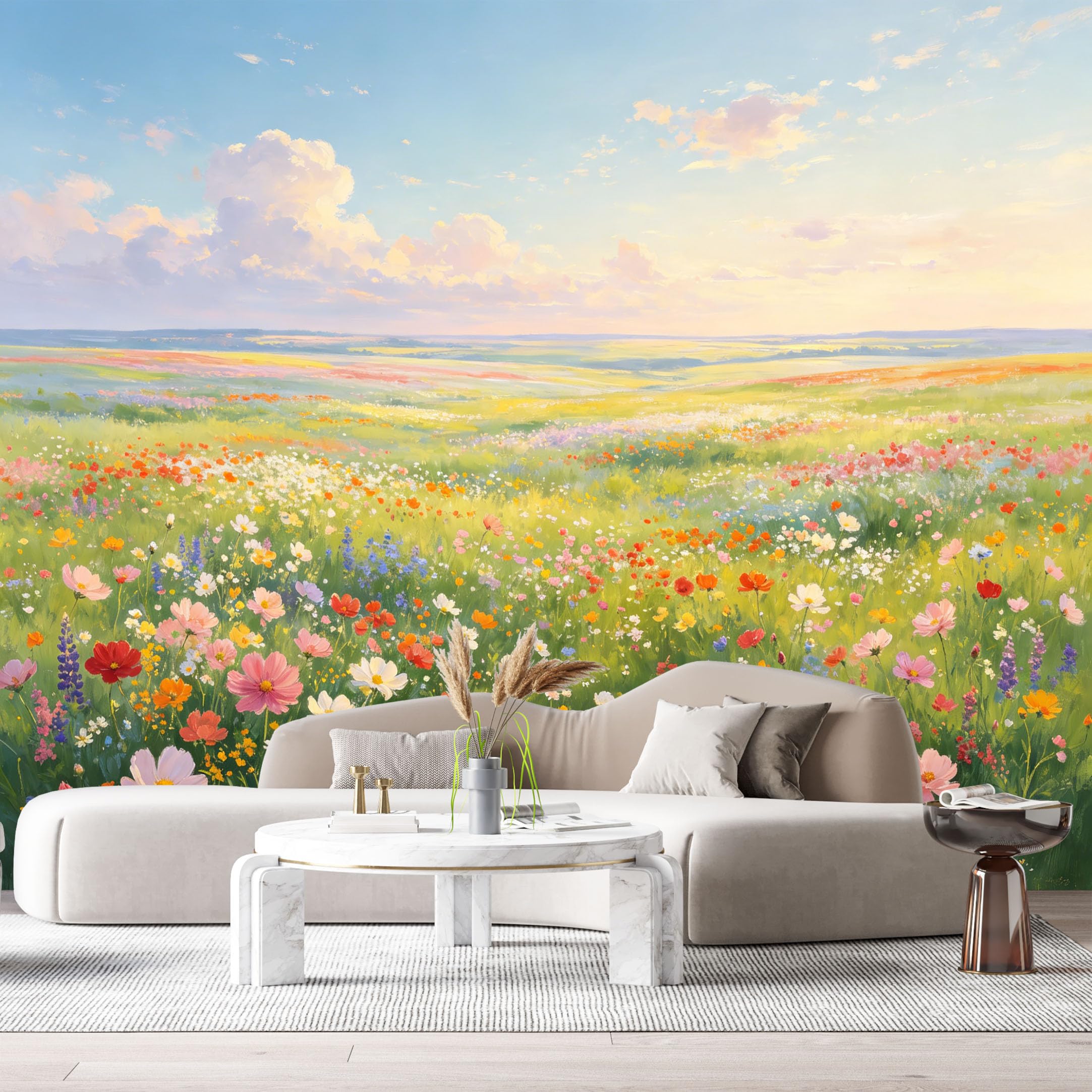 Custom Size Wall Murals Meadow Landscape Watercolor Wildflowers Sunset Sky SelfAdhesive Wall Fabric Removable Large Wallpaper for Photo Living Room Decoration Art