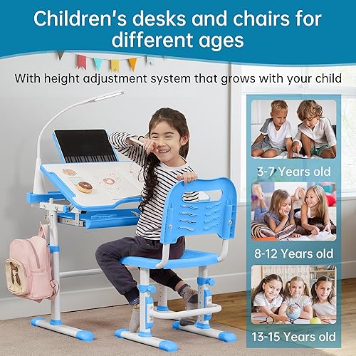 Miniatura 5 de Juego de escritorio y silla para niños, mesas de escritura de estudio escolar para niños con altura ajustable con escritorio inclinable, luz LED,
