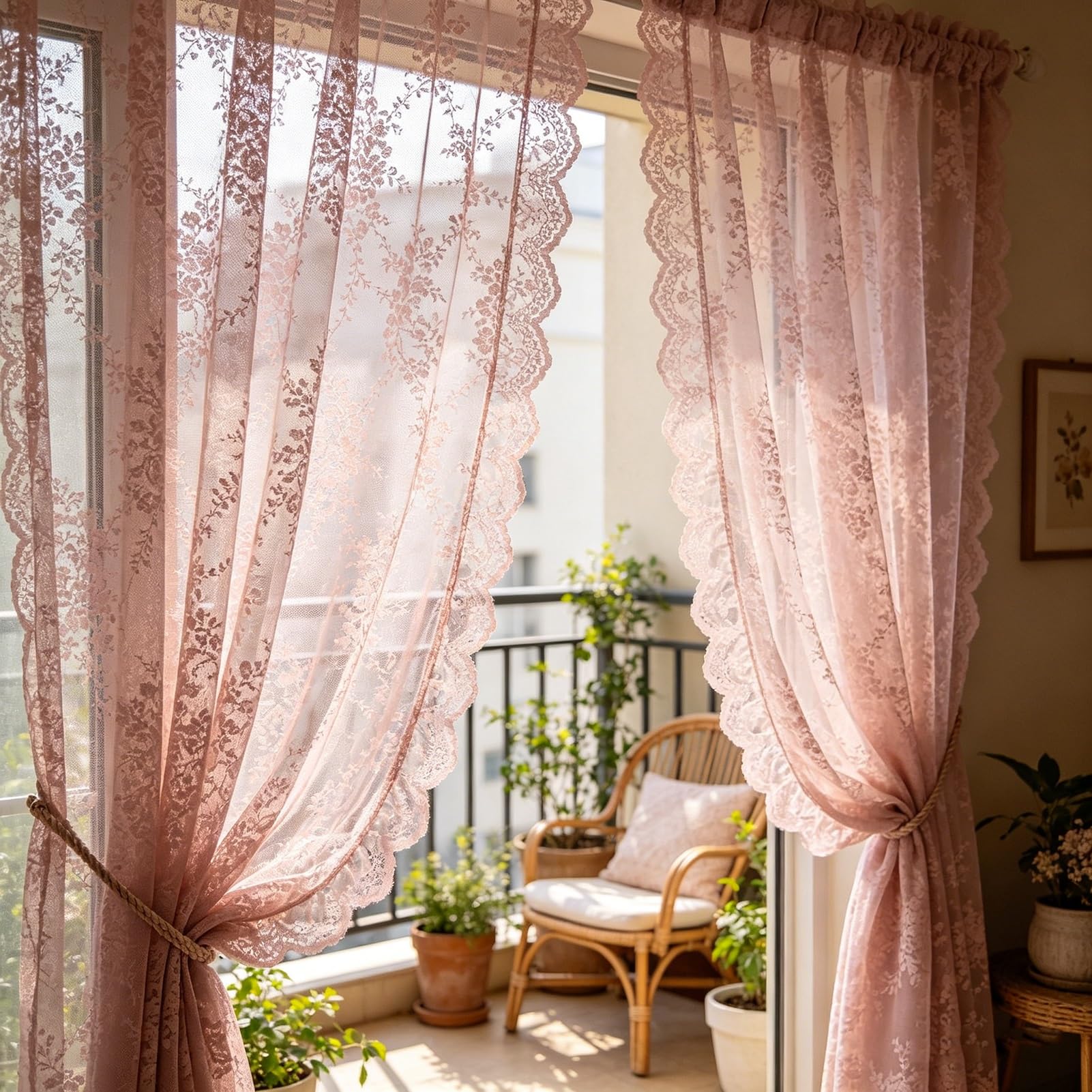Lot de 1 Rideaux en Dentelle, Rideaux en Voile de Fenêtre À Fleurs Shabby Chic Filtrant la Lumière Passe-Tringle pour Salon Balcon Chambre(W280xH215cm/110x84inch)
