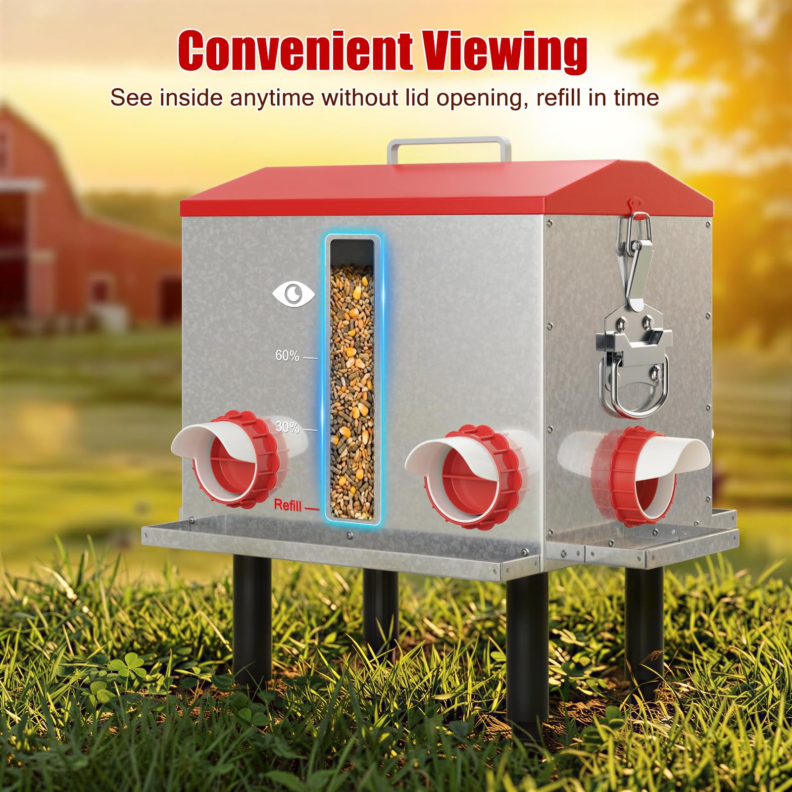 Pawaboo Comedero automático para pollos de 55 libras, comedero de aves de corral de gran capacidad, 7 puertos de alimentación, ventana de nivel de alimentación visible, patas ajustables en altura