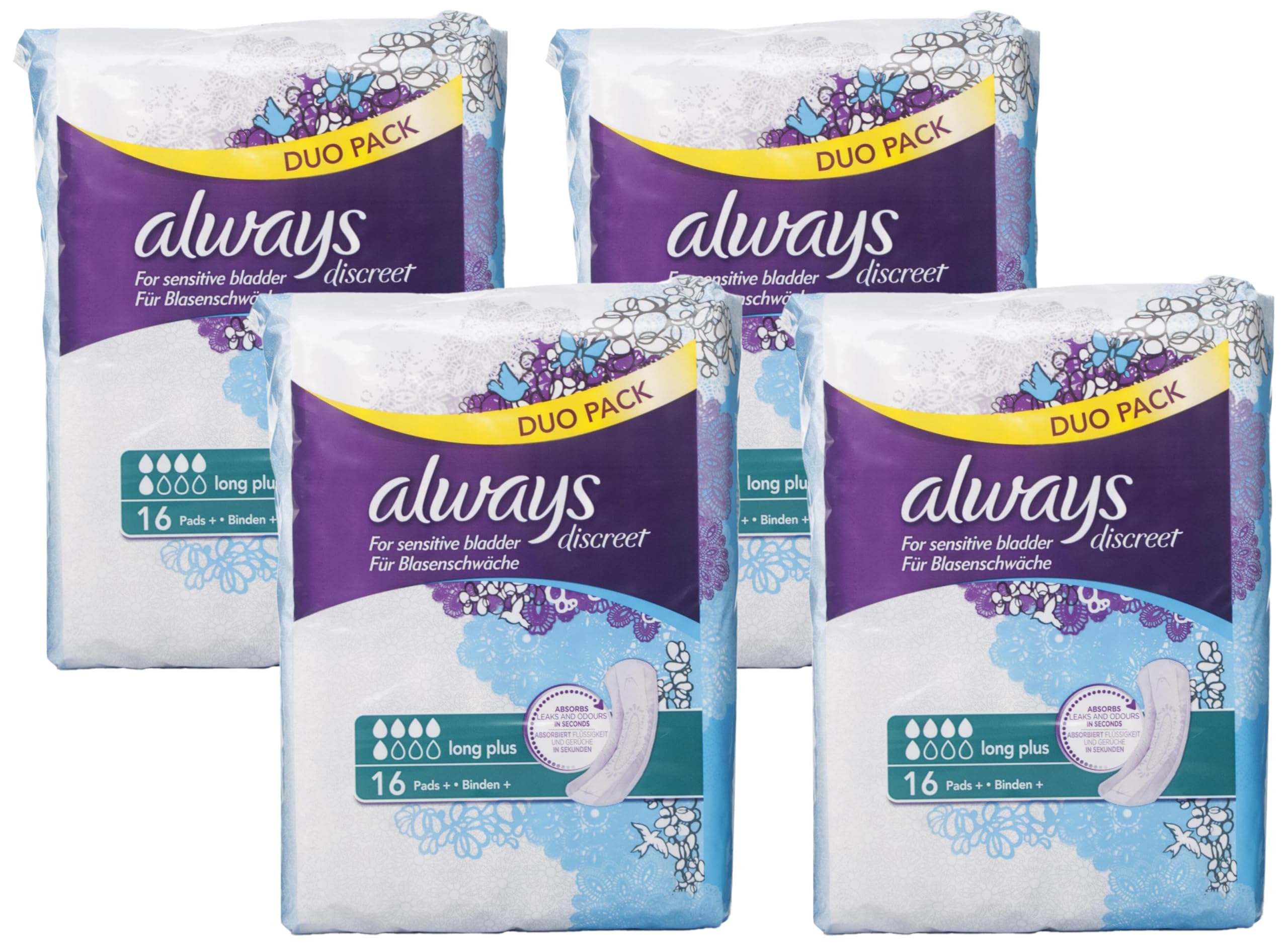 Incontinence Pads, Long, Plus, 16 Towels, Bigger Pack, Odour Neutraliser, for Sensitive Bladder (Pack of 4)