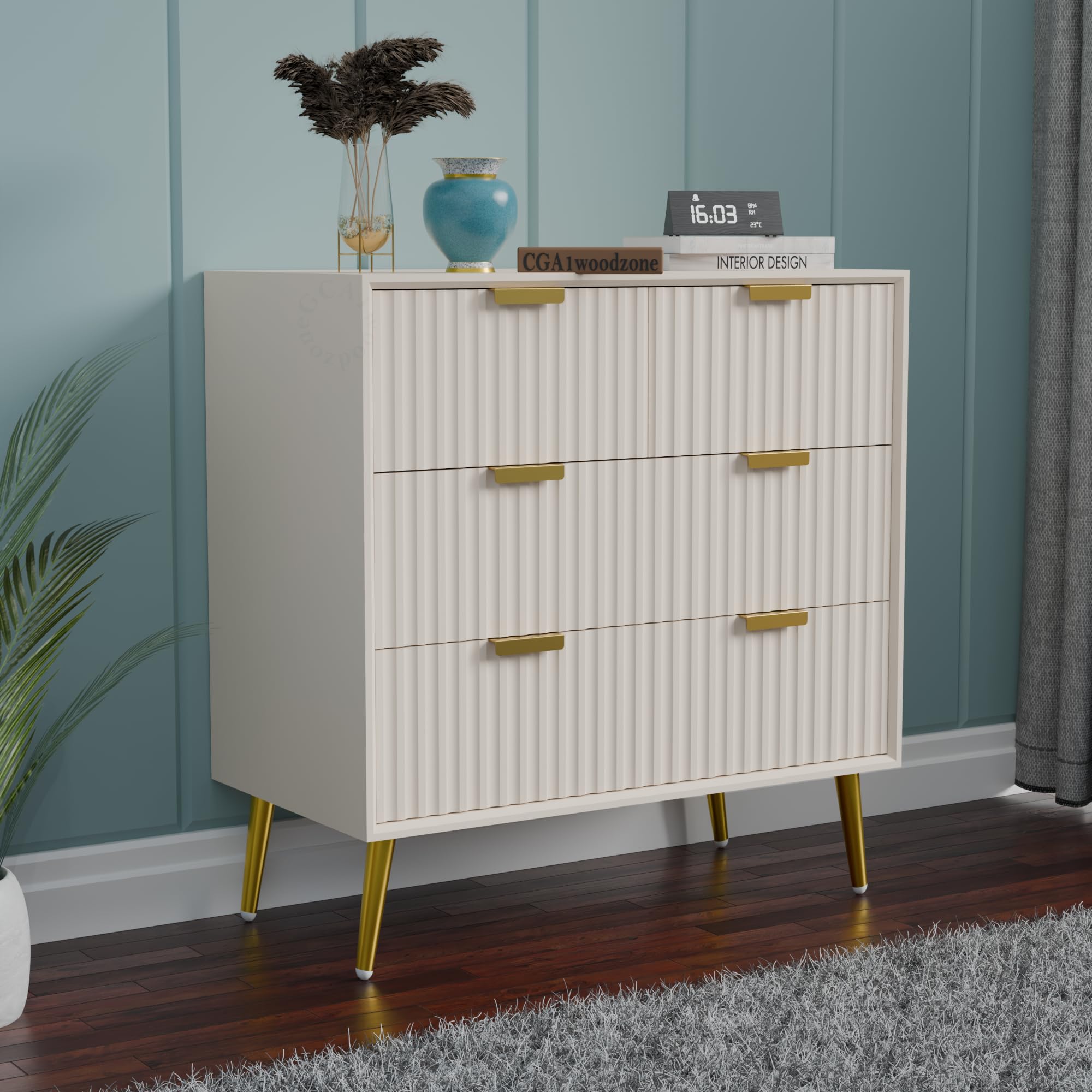 4-Drawer Premium HDMR Solid Wood & Iron Chest of Drawer with Metal Legs | Premium Floating Panel Storage Cabinet for Bedroom, Living Room & Office, Dresser Console with DIY Leg Assembly, White-image-5