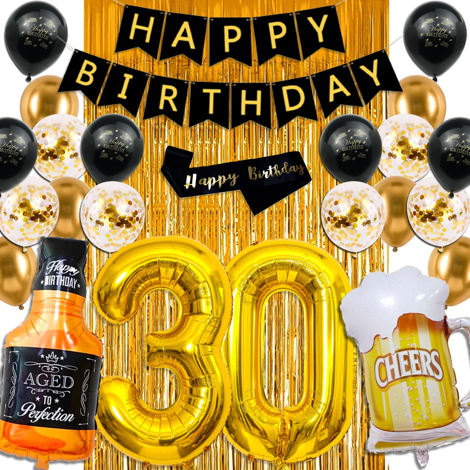 30th Birthday Decorations for Him, Black and Gold 30th Birthday Decorations with Happy Birthday Banner,Fringe Curtain,Confetti and Latex Balloons