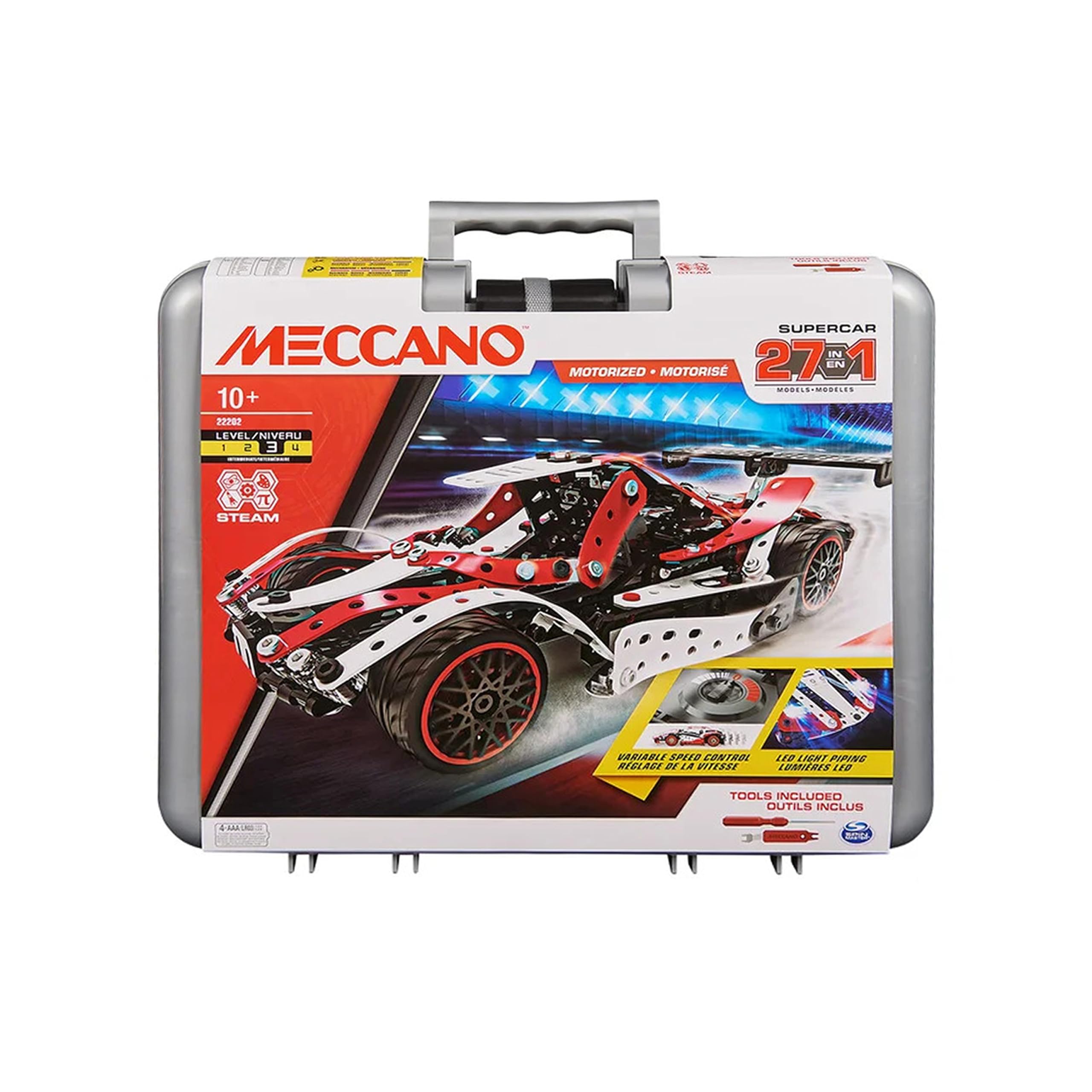 Meccano 27-in-1 Motorized Supercar STEM Model Building Kit 466 Count