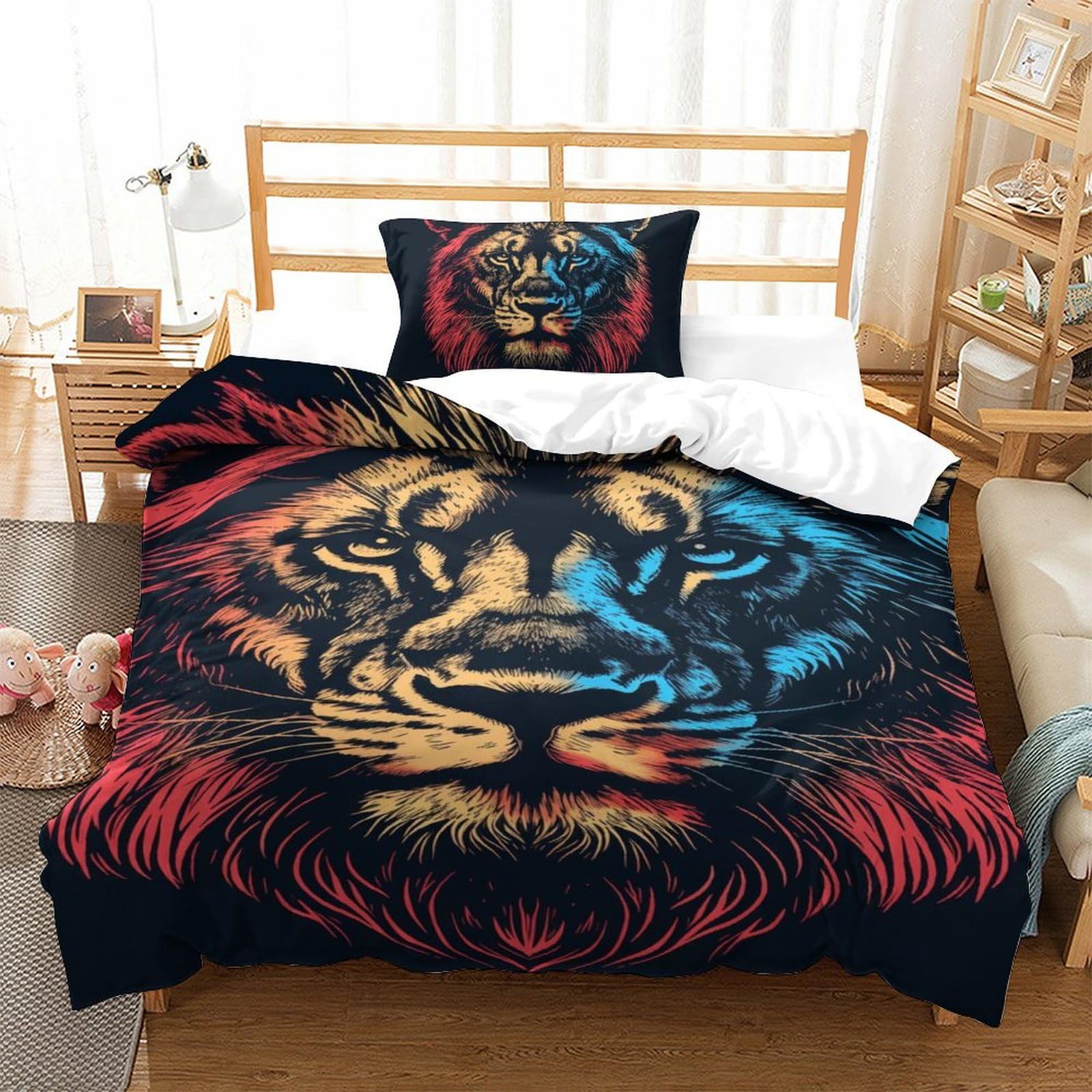 Lion 3D Printed Quilt Cover 2 Pieces Bedding Set Soft Easy Care with Zipper Closure，Pillowcases for Teens And Adults Single（135x200cm）