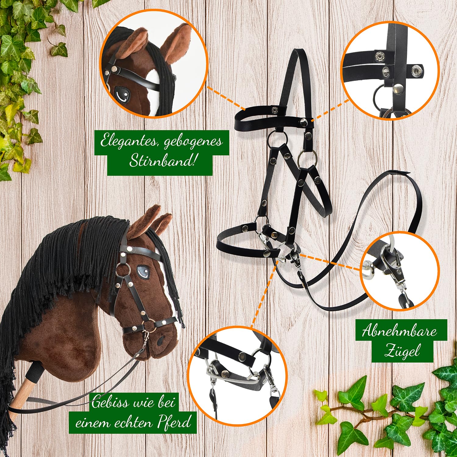 Hobby Horse Bai Brązowe Czarne Włosy. Kompletny kij koń z siatką, mors, sterem i floką. kij do hobby koni dla dzieci i młodzieży
