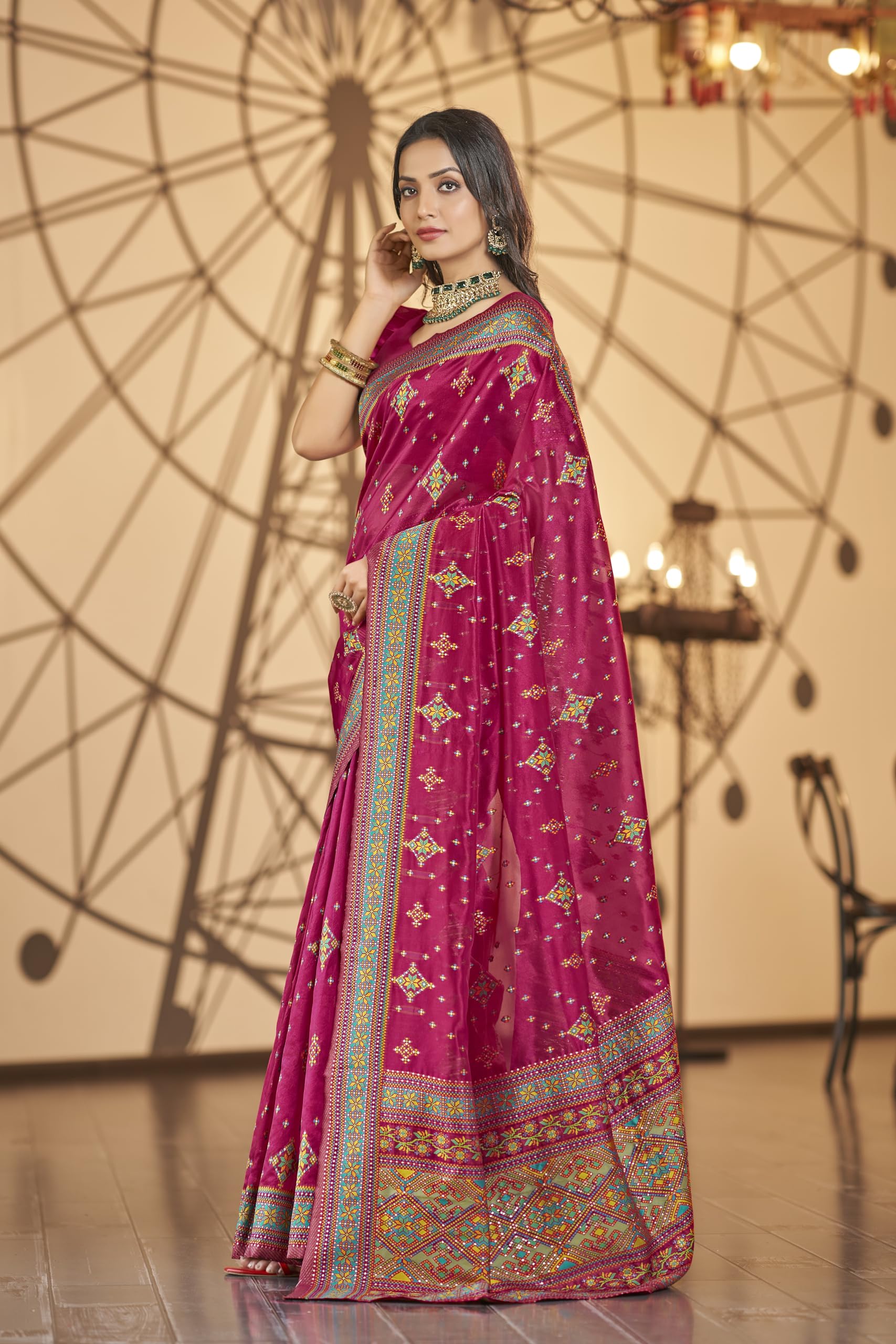 Glory Sarees Women's Kashmiri Pashmina Organza Silk Woven Saree With Blouse Piece (Heritage_Silk109_Rani)