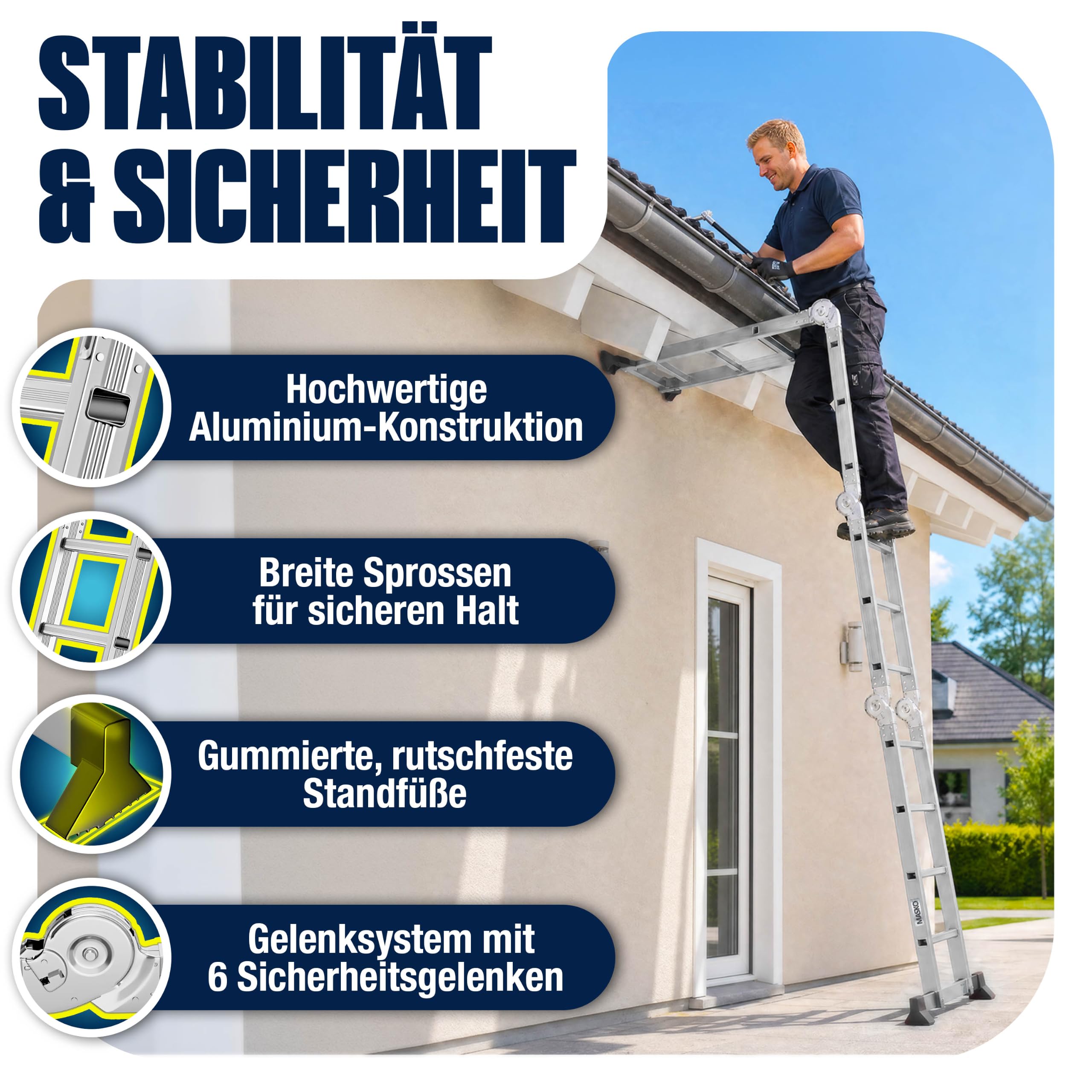 MASKO® Leiter Aluminium 4x3 Stufen, Mehrzweckleiter | - 360 cm | | 150 Kg belastbar, 6in1 multifunktional mit Verriegelung, Gelenkleiter, Anlegeleiter, beidseitige Steh- und Treppenleiter