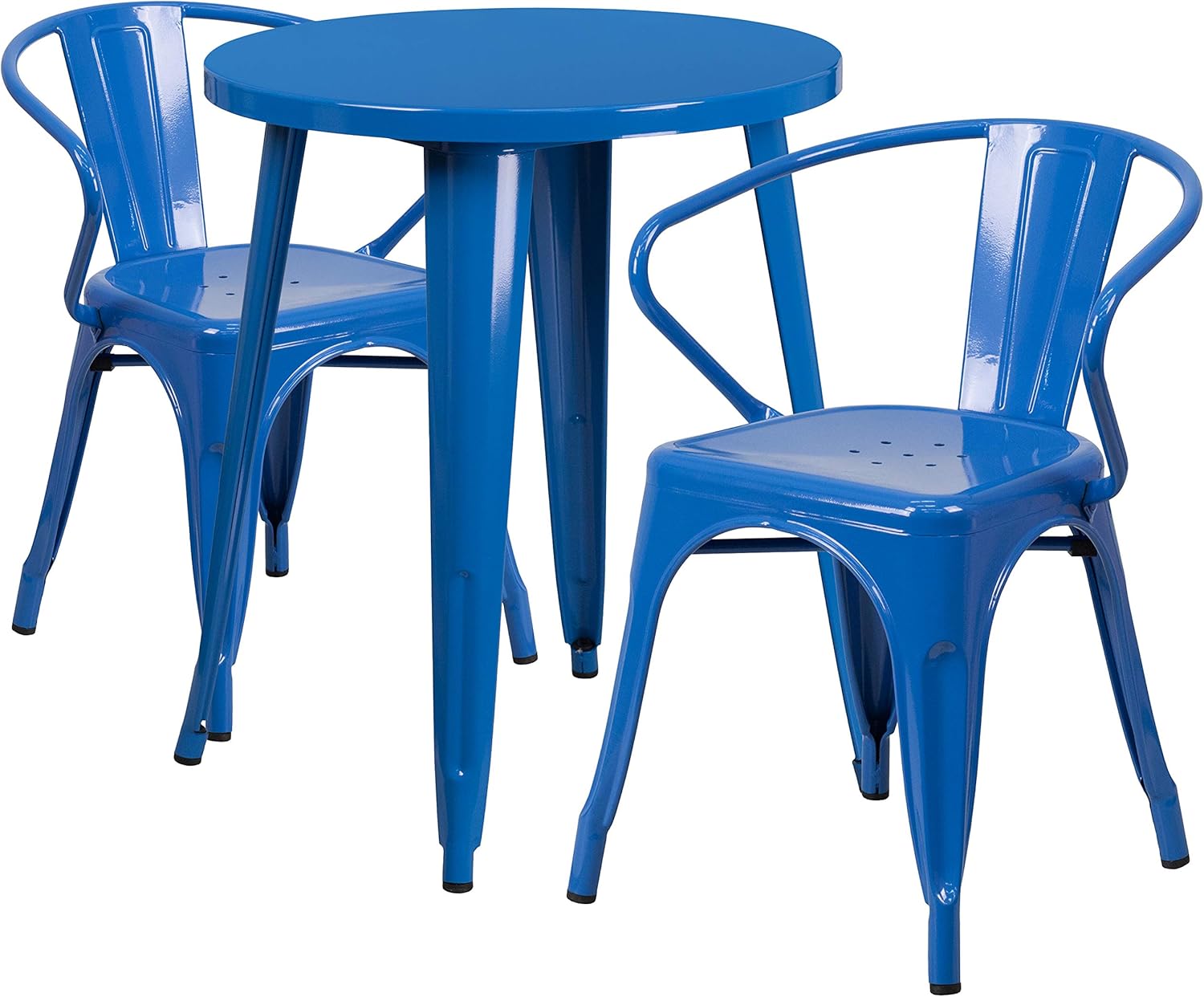 BizChair Commercial Grade 24" Round Blue Metal Indoor-Outdoor Table Set with 2 Arm Chairs
