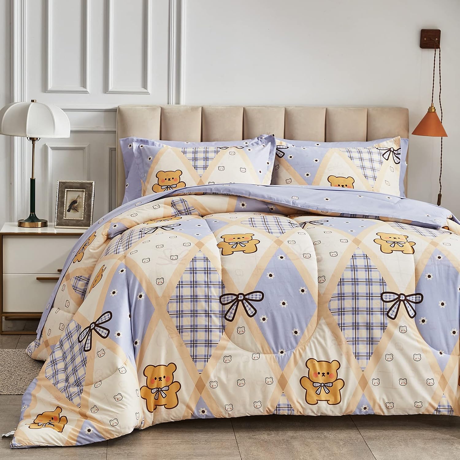UOZZI BEDDING Bed in a Bag 7 Pieces Queen Size - Blue Plaid Bear Style - Soft Microfiber, Reversible Bed Comforter Set (1 Comforter, 2 Pillow Shams, 1 Flat Sheet, 1 Fitted Sheet, 2 Pillowcases)