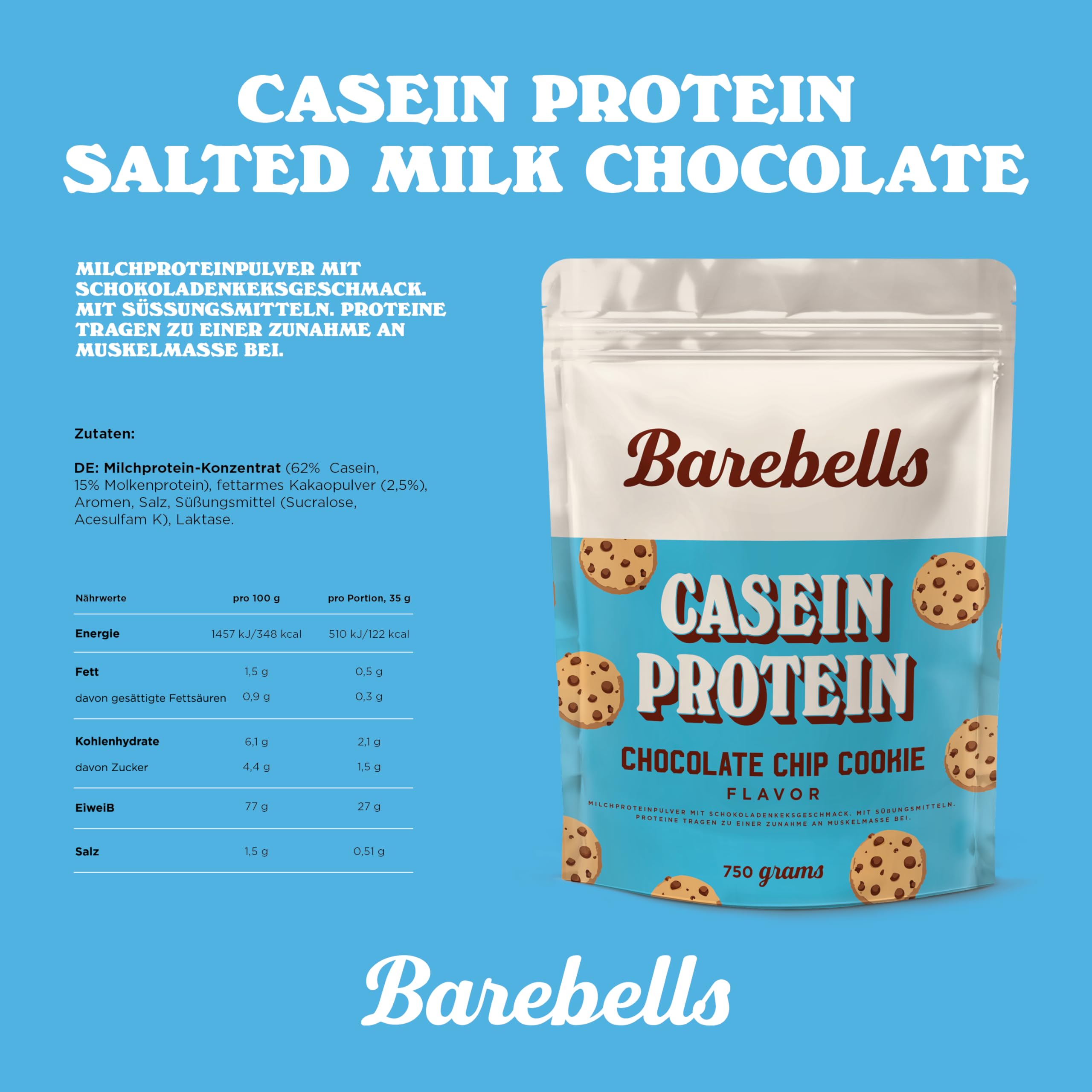 Barebells Casein Proteinpulver – Chocolate Chip Cookie | 27g Protein pro Portion, ohne Zuckerzusatz, cremiger Keks-Geschmack, langsam verdauliches Protein, 1x 750g Beutel