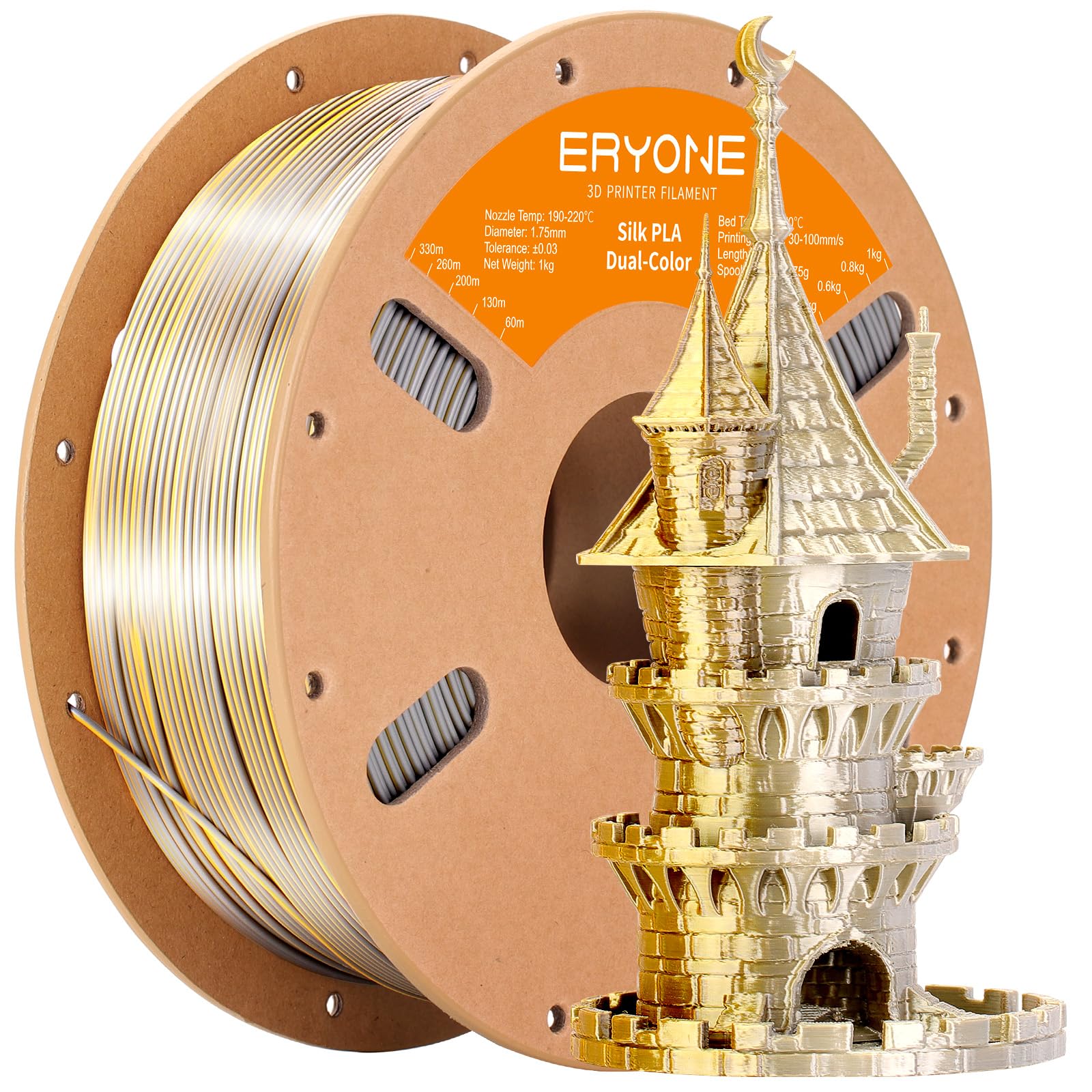 ERYONE Silk Dual Color PLA Filament 3D Printer 1.75mm +/- 0.03mm, Bicolor Filament Two Tone PLA 1KG(2.2lbs) Cardboard Spool, Gold Silver