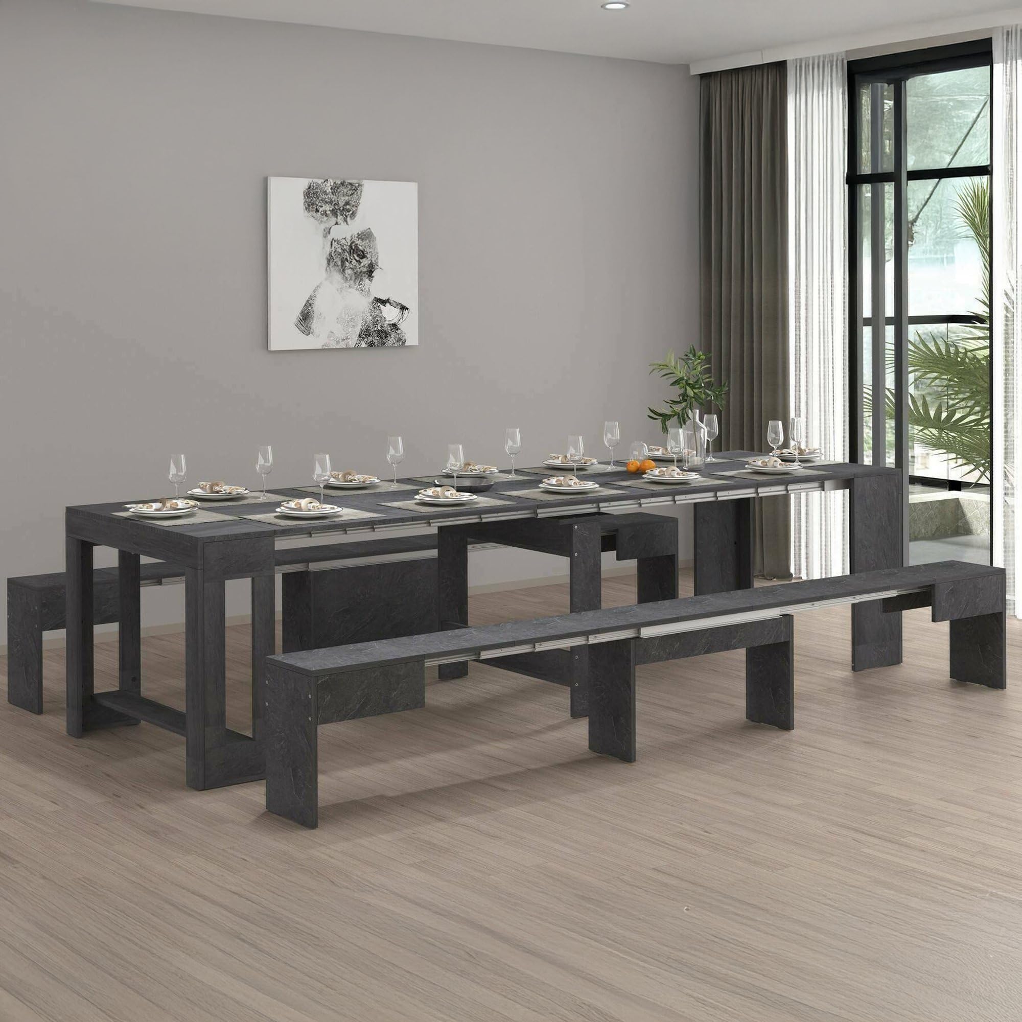 Dmora - Tisch- und Stuhlset Eric, Mehrzweckkomposition, Set mit Konsole und 2 ausziehbaren Bänken, 100% Made in Italy, 66 x 25 x 45 cm, Schiefer