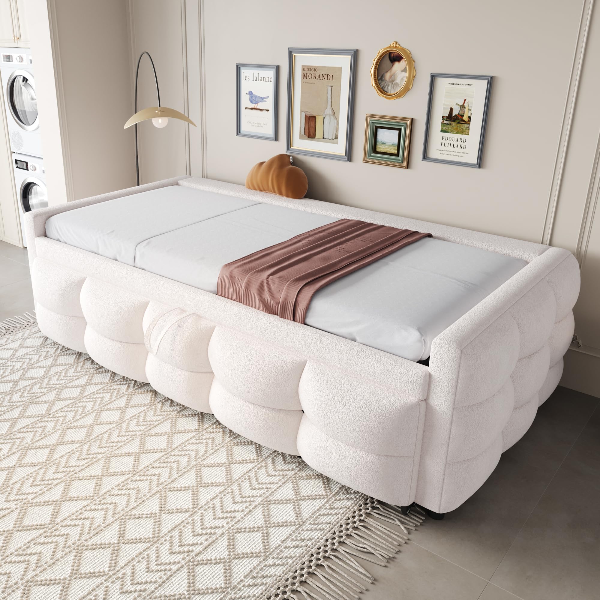 Zepneiy Lit 90/180x190 cm, Canapé lit avec canapé-lit gigogne, Canape lit 2 Places avec sommier à Lattes, Tissu Velourss Beige (sans Matelas)