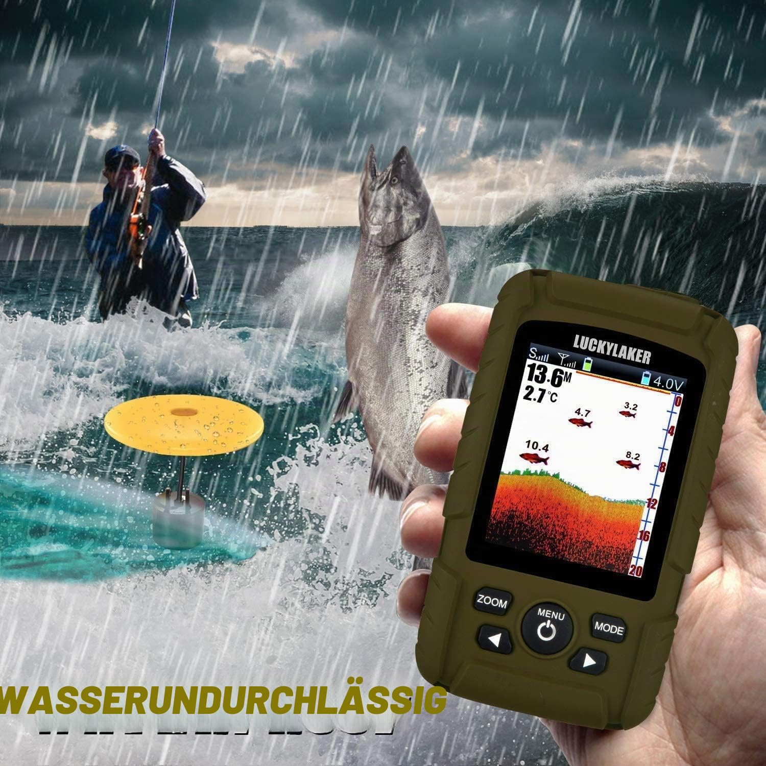 LUCKY Wasserdicht Fisch Finder Sonar Tragbarer Angeln Fischfinder LCD Tiefe Angeln Echolot Fischfinder Sonarsensor Schallkopf für Bootskajak Seefischerei 2020CT