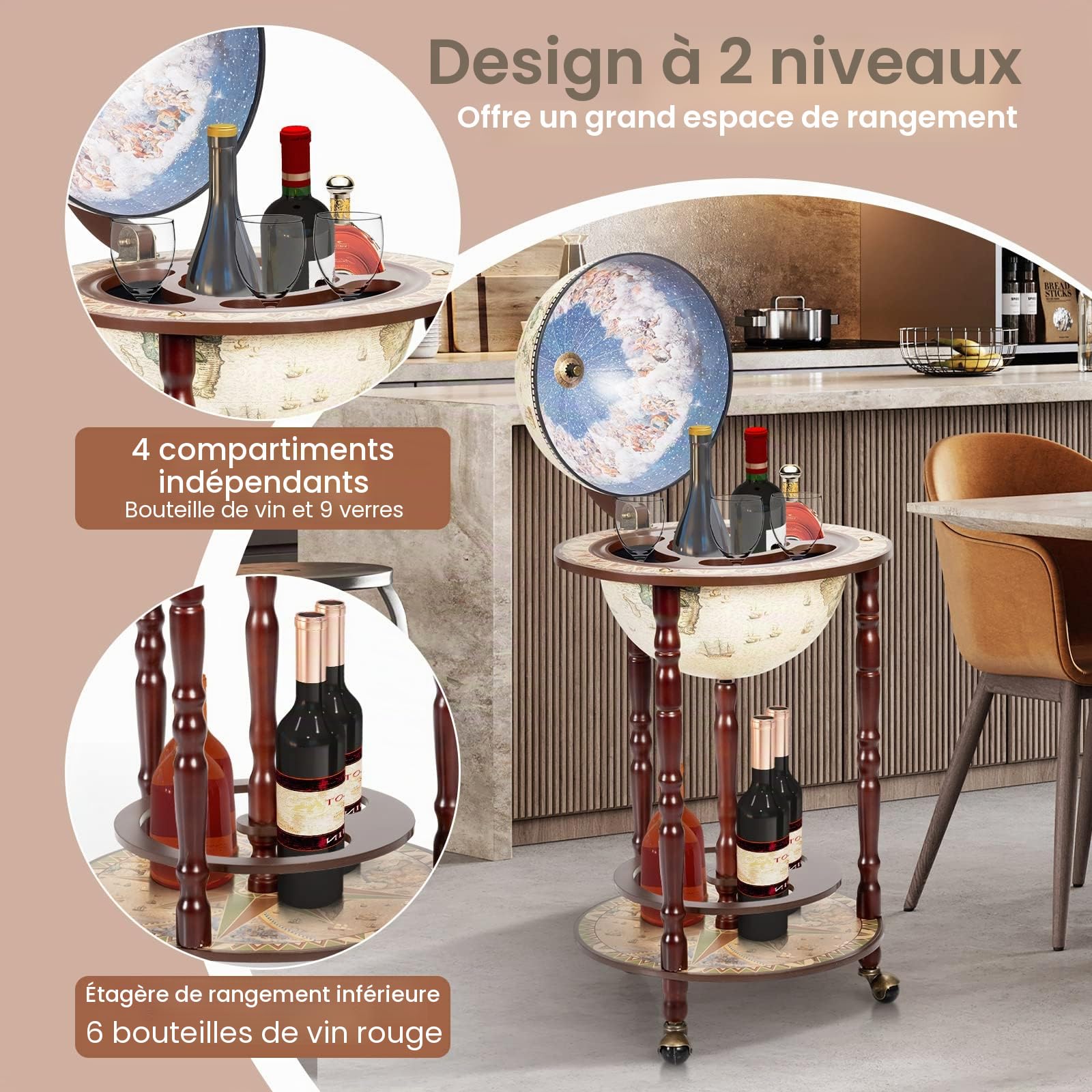 GIANTEX Bar Globe Terrestre avec 3 roulettes,Porte-Bouteille Globe Terrestre Mappemonde Support en Bois,Chariot de Bar Vintage pour Salon,Cuisine,Resto (Beige)